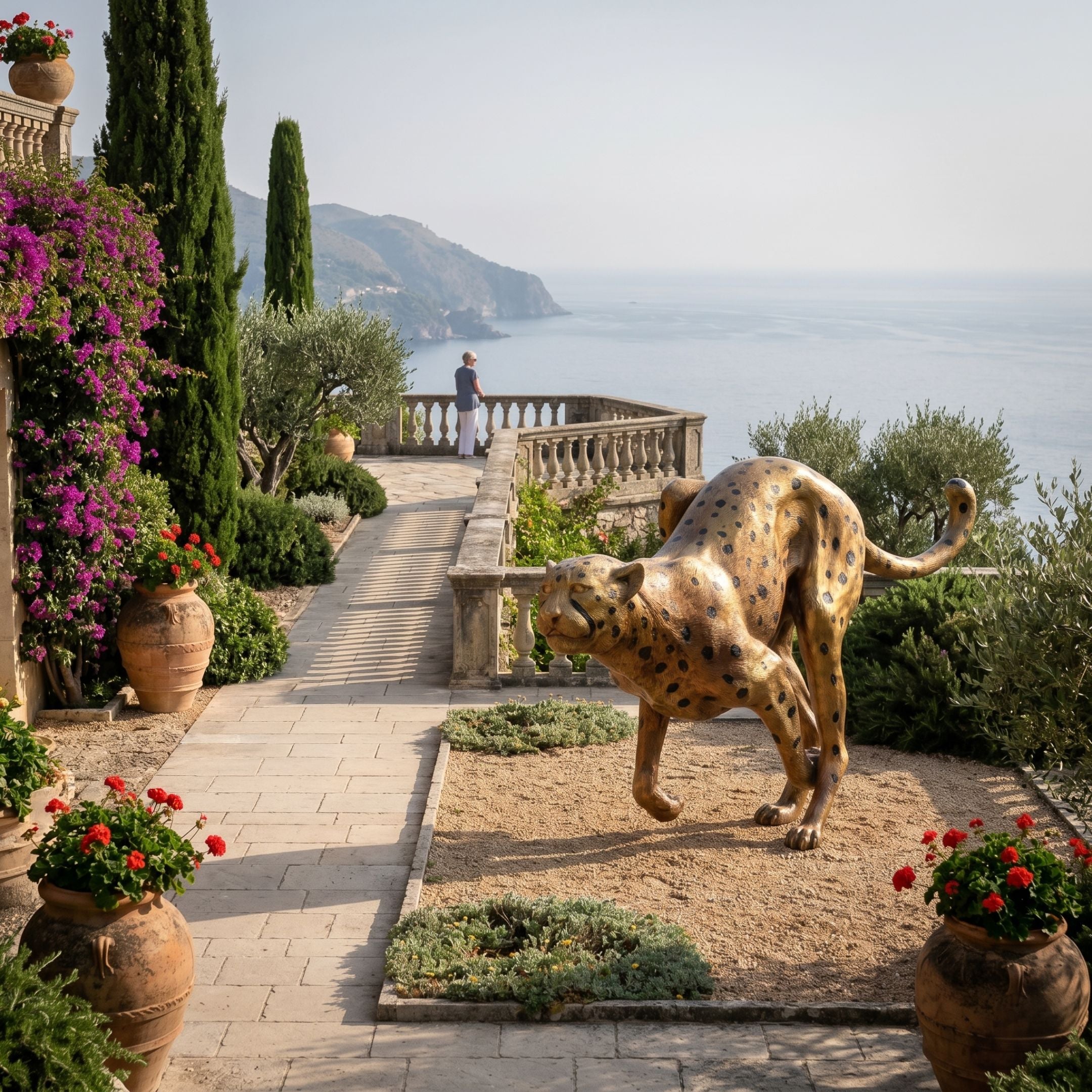 Large Contemporary Stalking Cheetah Bronze Sculpture by Giant Sculptures in a clifftop Mediterranean garden with bougainvillea, cypress trees, and sea views.