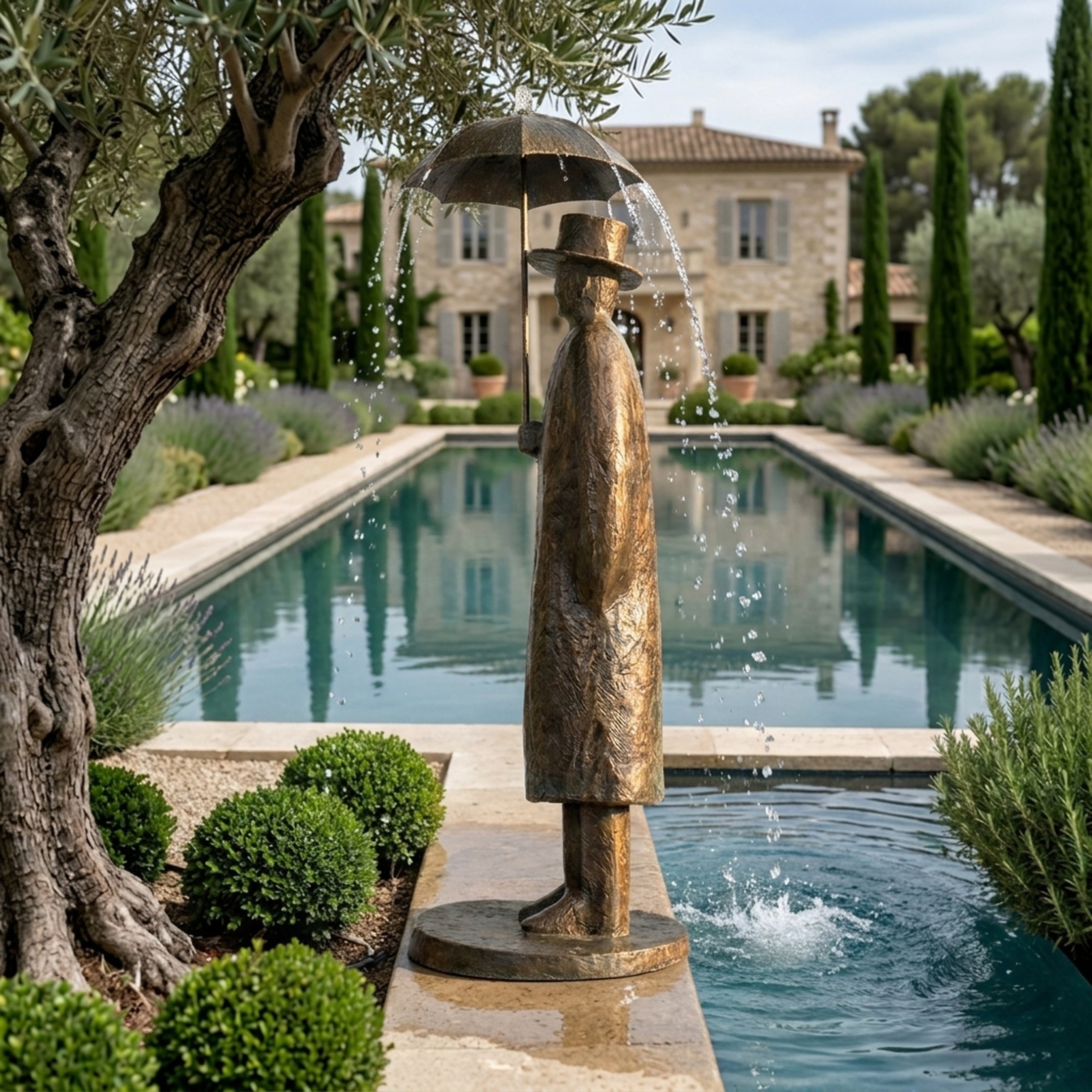 Large Contemporary Top Hat Figure Bronze Fountain by Giant Sculptures, 230cm gentleman in coat and hat with umbrella spouting water beside a garden pool.