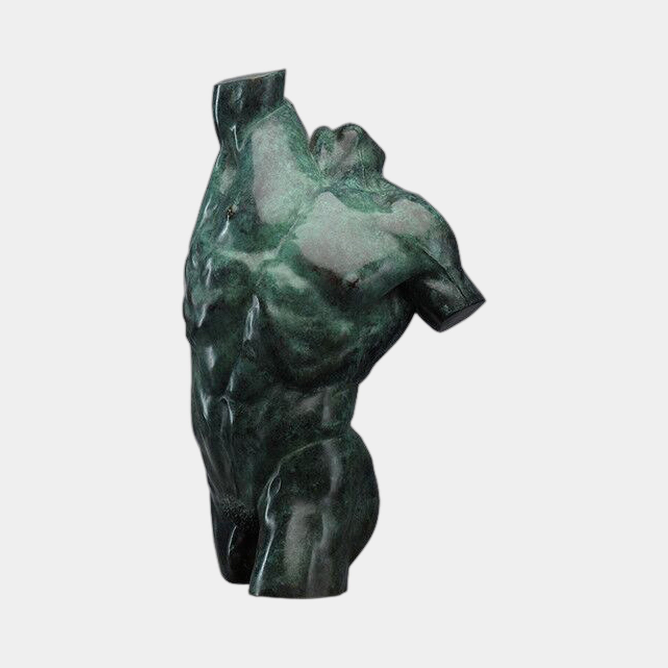 Large Contemporary Twisting Male Torso Bronze Sculpture by Giant Sculptures, 140cm fragmentary figure with green verdigris patina, shown against a plain background.