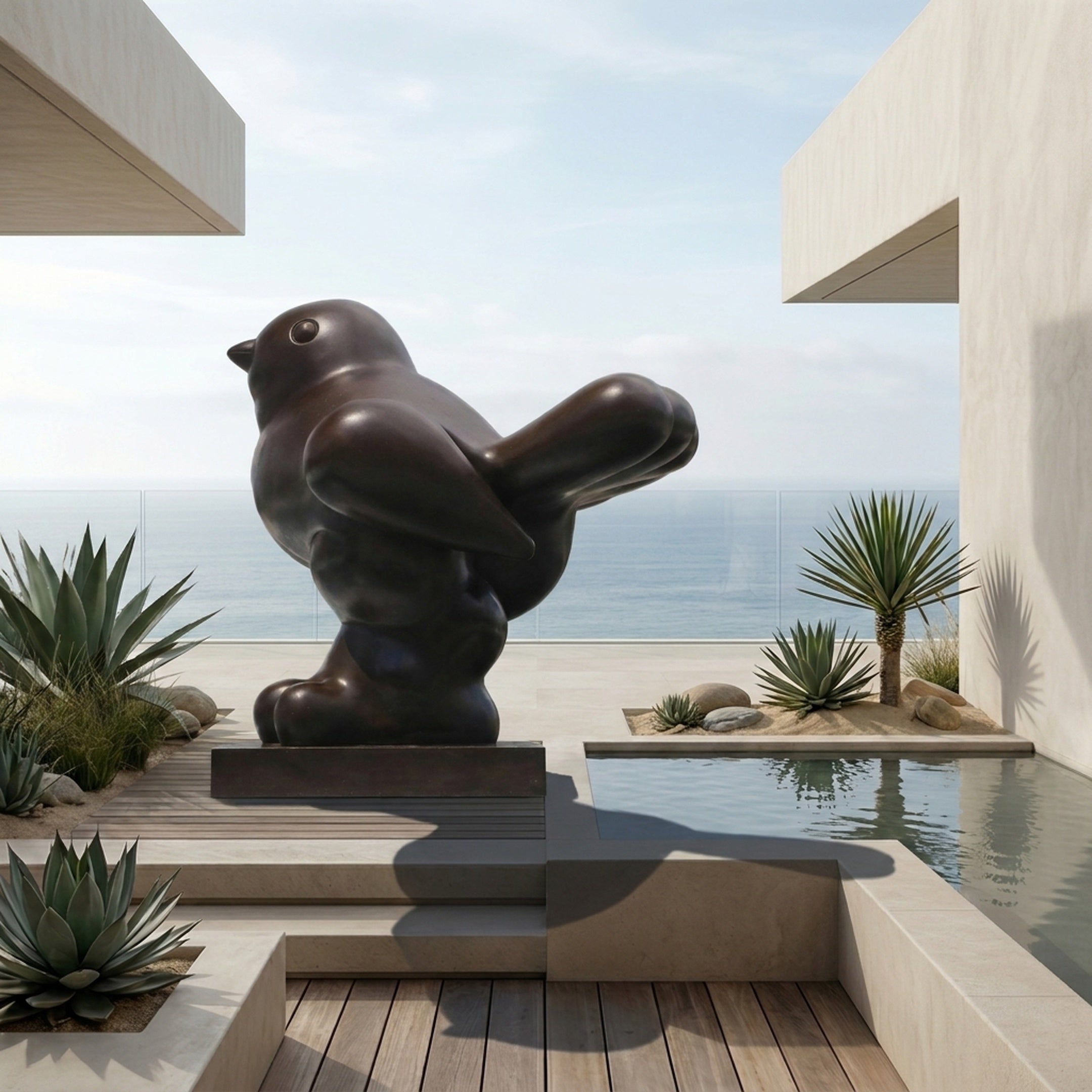 Large Contemporary Volumetric Bird Bronze Sculpture by Giant Sculptures on a low plinth beside a reflecting pool on an oceanfront terrace with succulents.