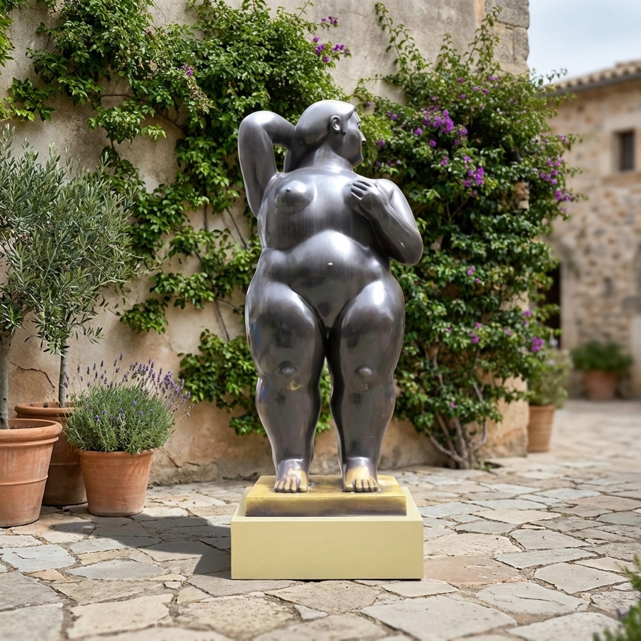 Large Contemporary Voluptuous Female Figure Bronze Sculpture by Giant Sculptures on a pale gold plinth in a Mediterranean courtyard with lavender and bougainvillea.