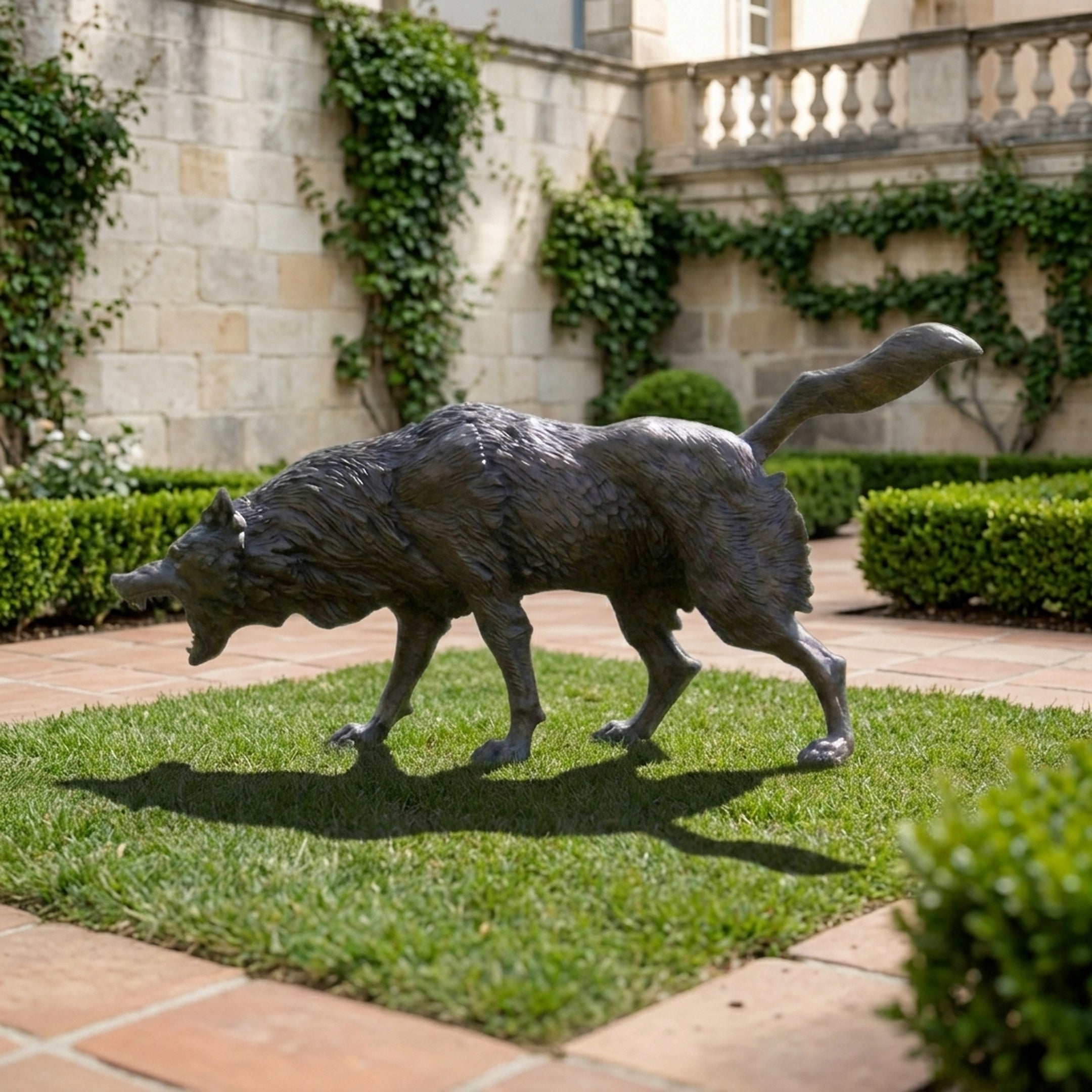 Large Contemporary Wild Boar Bronze Sculpture by Giant Sculptures in a dark patina, shown mid-charge on a courtyard lawn beside clipped hedging and ivy walls.