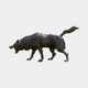 Side view of the Giant Sculptures Large Contemporary Wild Boar Bronze Sculpture in a dark patina, shown snarling with tail raised against a plain background.