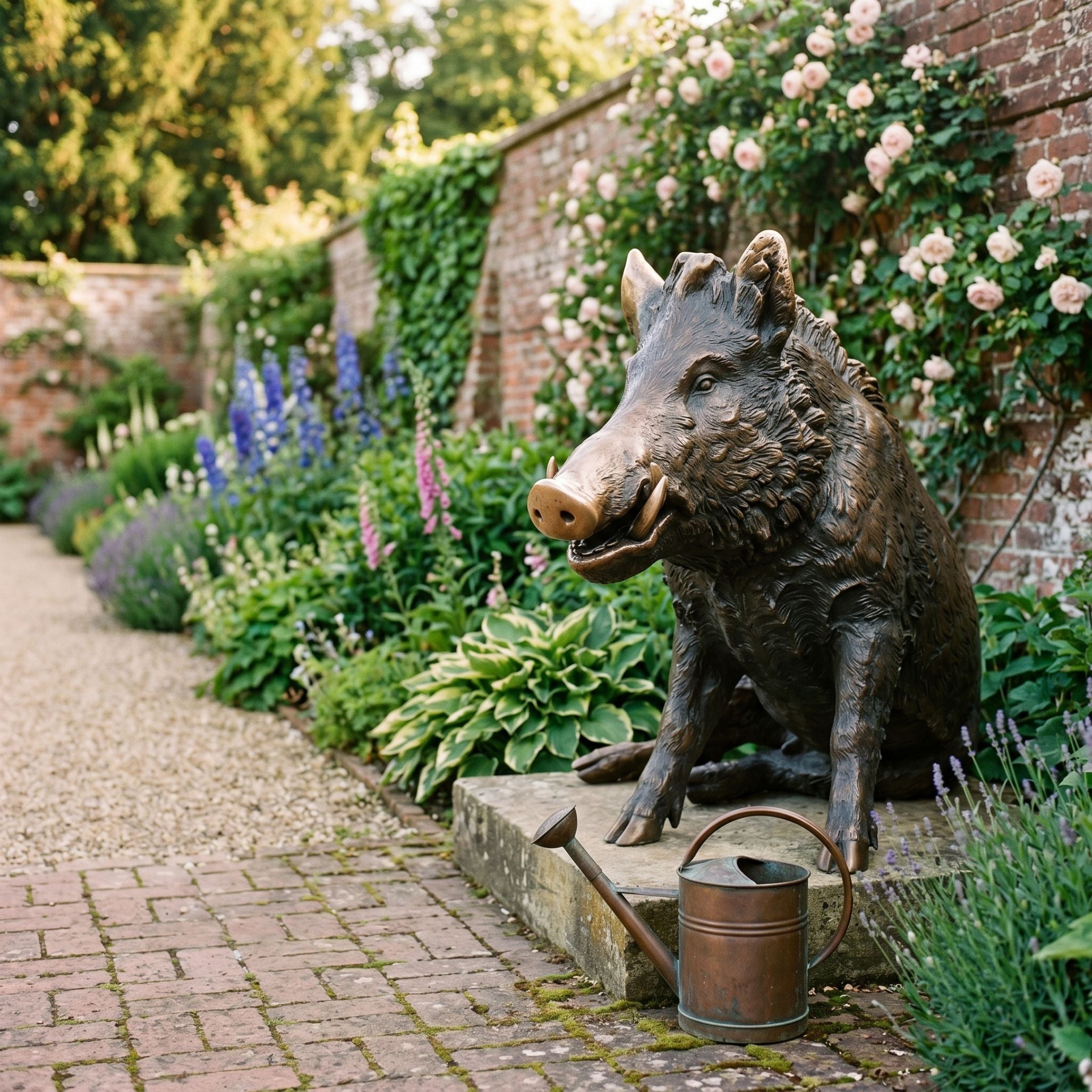 Large Contemporary Wild Boar Bronze Sculpture by Giant Sculptures seated on a stone plinth beside a walled garden path with roses, foxgloves and lavender.