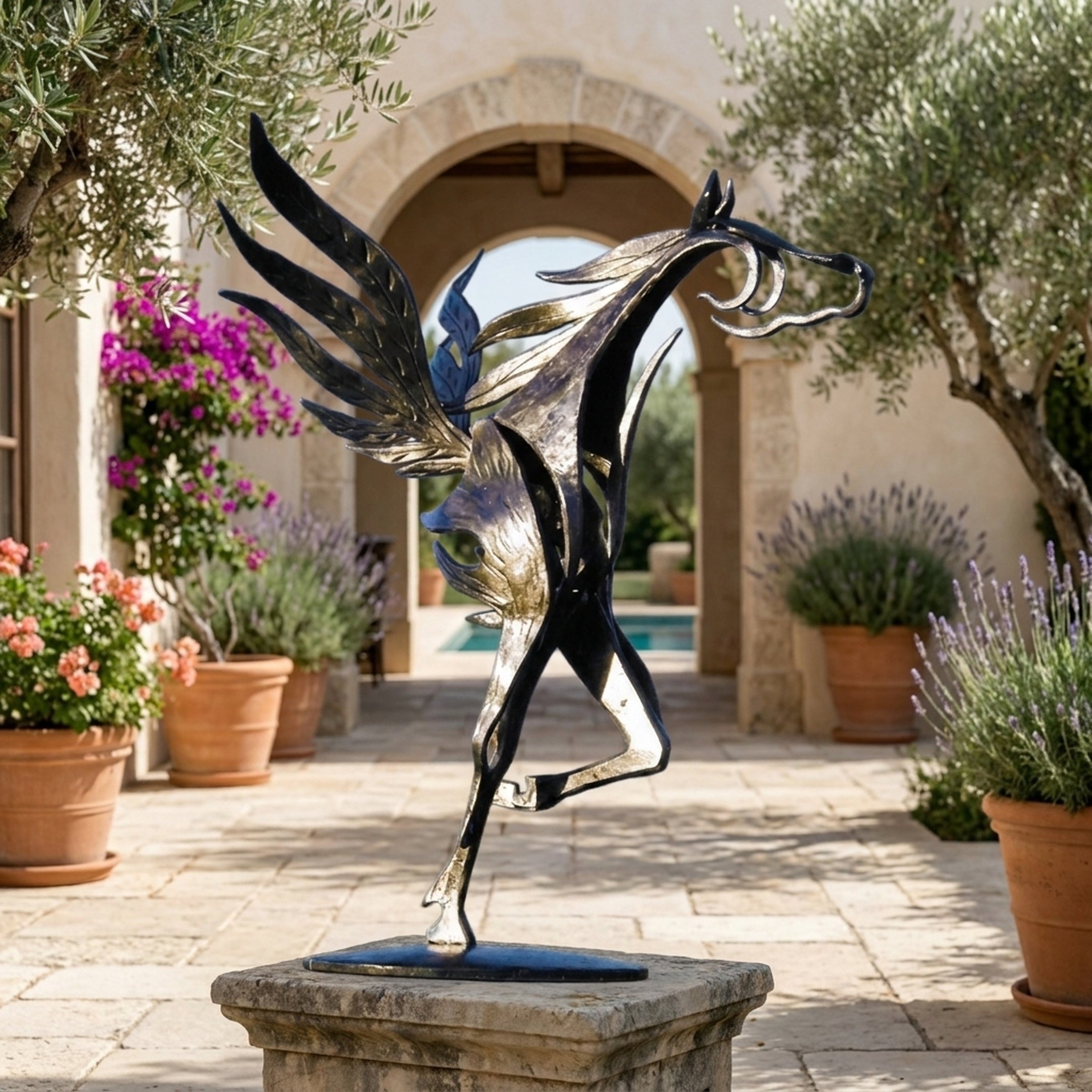 Large Contemporary Winged Horse Bronze Sculpture by Giant Sculptures, rearing Pegasus with spread wings in two-tone black and gold patina, on a stone plinth in a Mediterranean courtyard with lavender and olive trees.