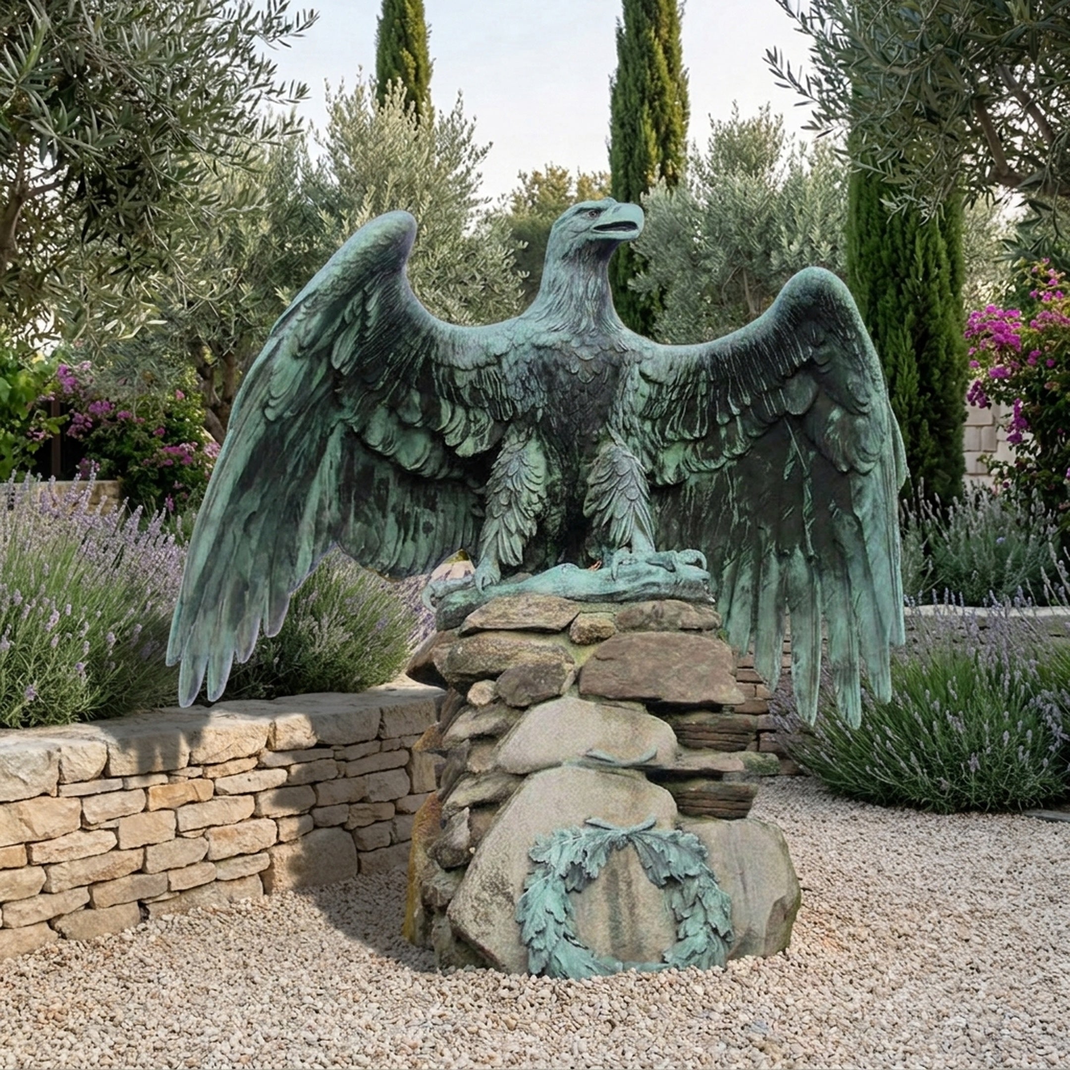 Large Heraldic Eagle Bronze Sculpture by Giant Sculptures with verdigris patina and outstretched wings, perched on stacked stone in a lavender-edged gravel garden.