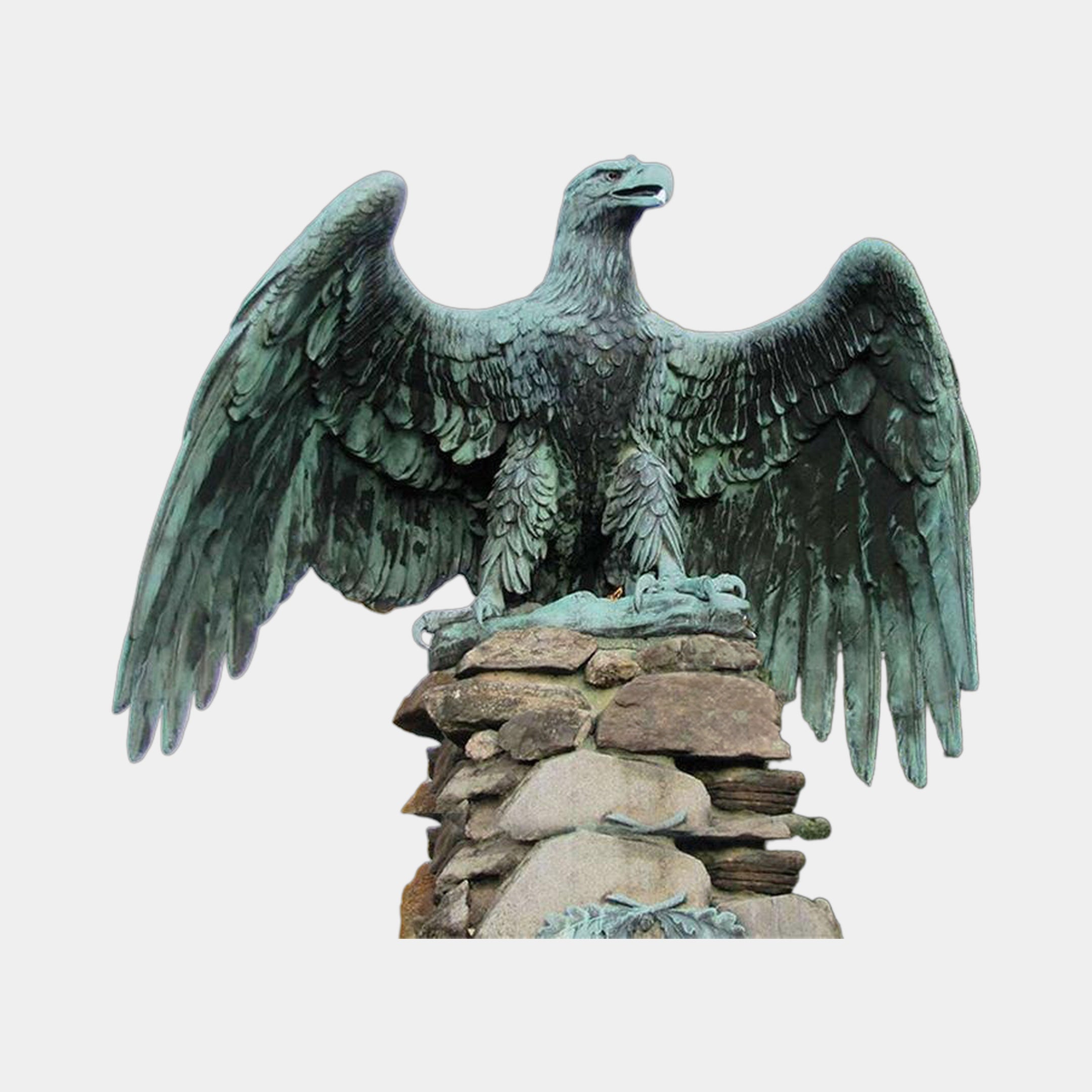 Giant Sculptures Large Heraldic Eagle Bronze Sculpture 150cm with wings spread wide and verdigris patina, perched on a stacked stone column against a light grey background.