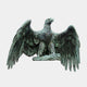 Large Heraldic Eagle Bronze Sculpture by Giant Sculptures, 150cm, shown front-on with wings fully outspread and talons gripping a stone base, verdigris finish.