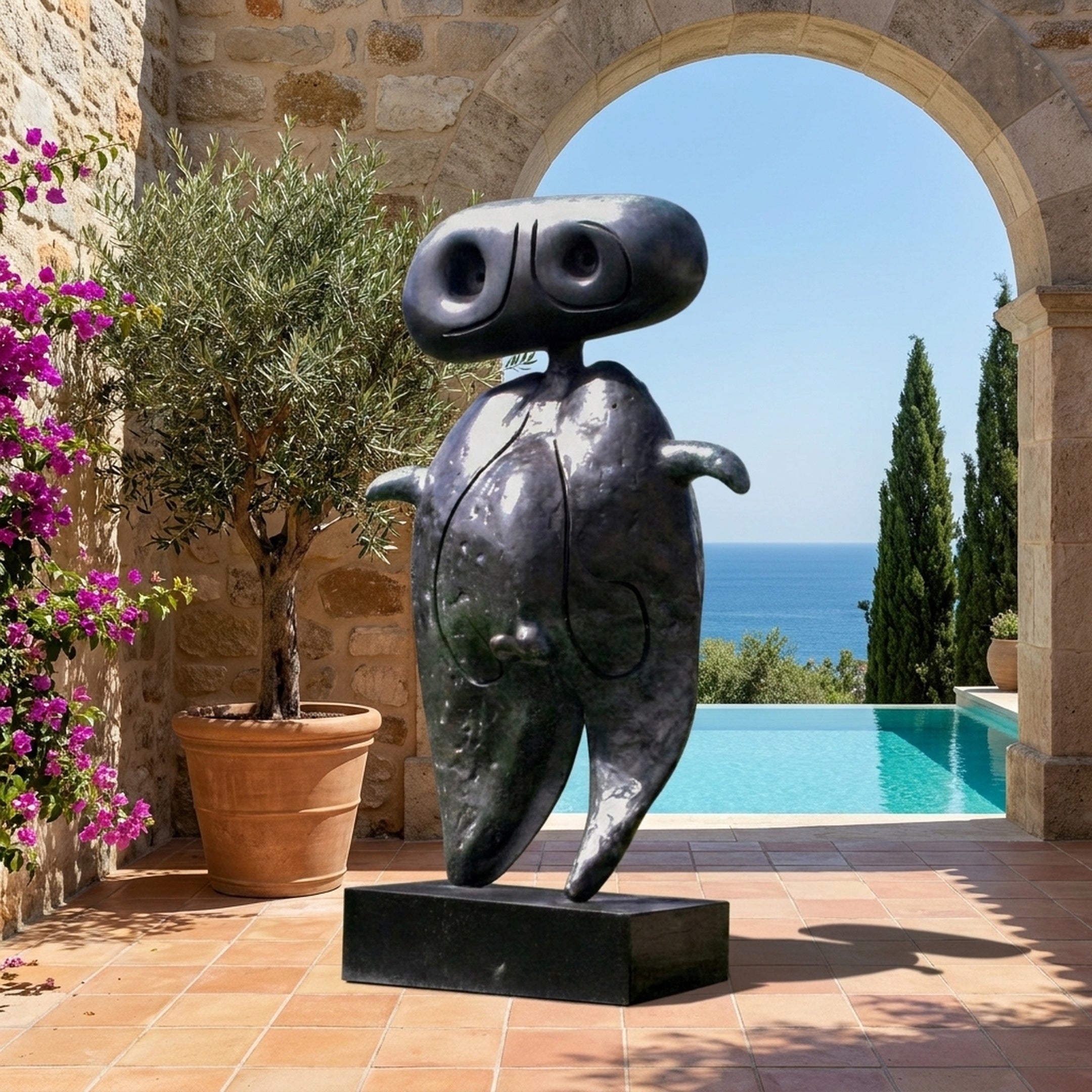 Large Modern Abstract Anthropomorphic Figure Bronze Sculpture by Giant Sculptures with dark patina, displayed on a Mediterranean poolside terrace beside an olive tree.