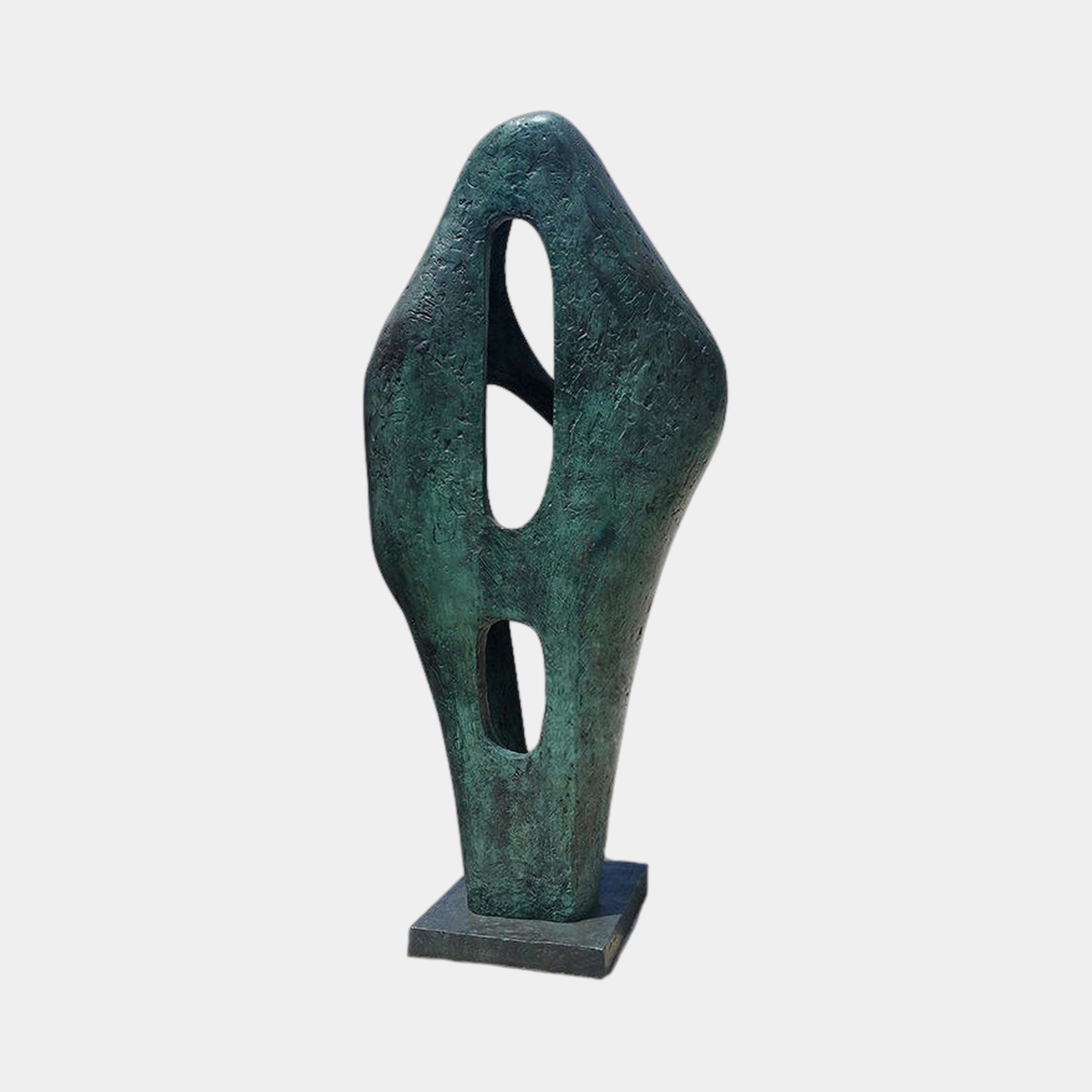 Large Modern Abstract Bronze Sculpture by Giant Sculptures, 120cm tall biomorphic form with two oval cut-outs and verdigris patina on a square plinth.