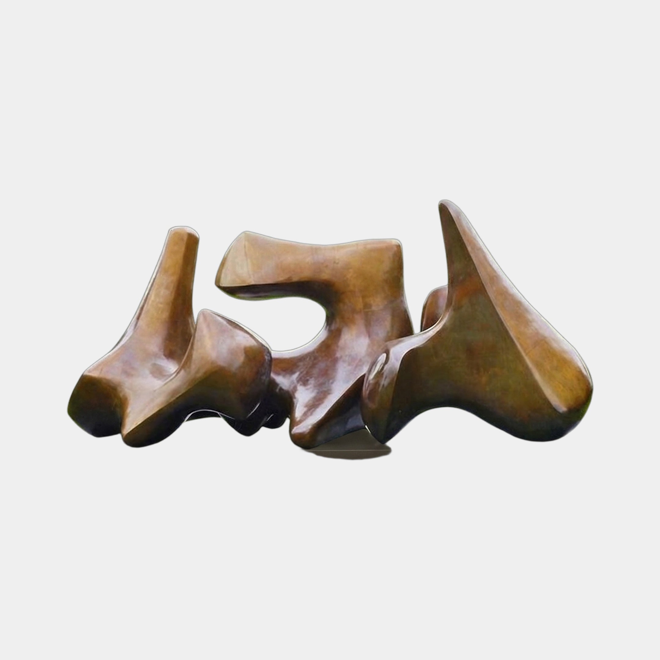 Large Modern Abstract Bronze Sculpture by Giant Sculptures, 94cm, with three interlocking biomorphic forms in warm brown patina on a plain background.