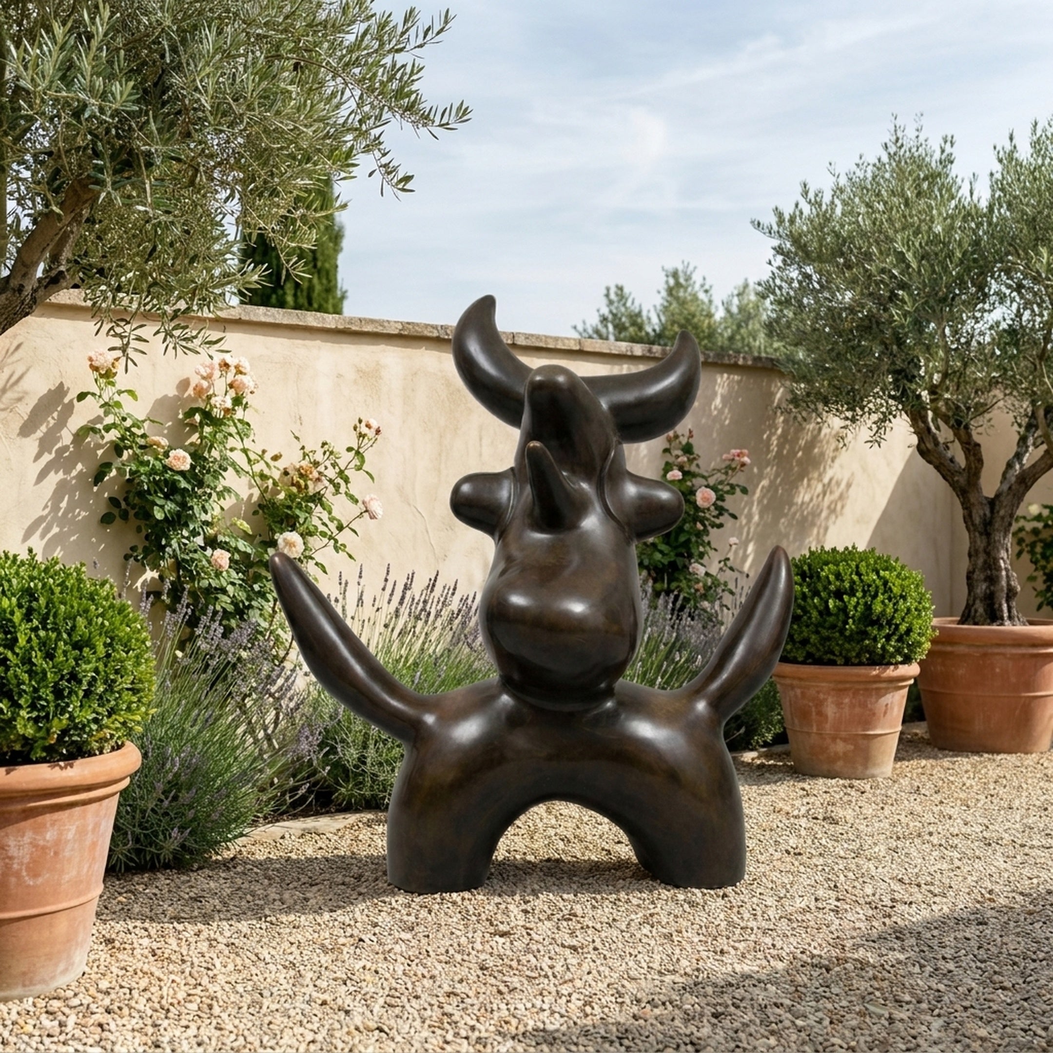 Large Modern Abstract Bull Bronze Sculpture by Giant Sculptures with dark patina, displayed on gravel in a Mediterranean garden with olive trees and roses.
