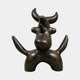 Large Modern Abstract Bull Bronze Sculpture by Giant Sculptures, front view showing rounded body, arched legs, and two sets of upward-curving horns in dark patina.