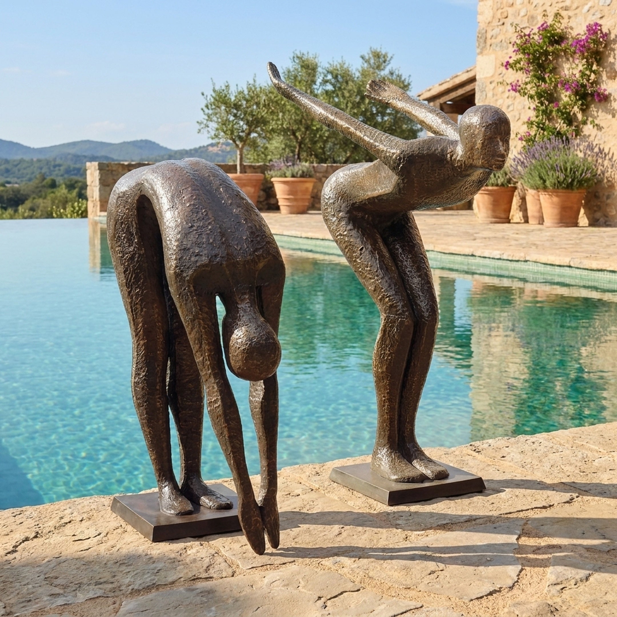 Large Modern Abstract Diver Figures Bronze Sculpture by Giant Sculptures, two 160cm freestanding bronze divers in pre-dive poses beside a poolside terrace.