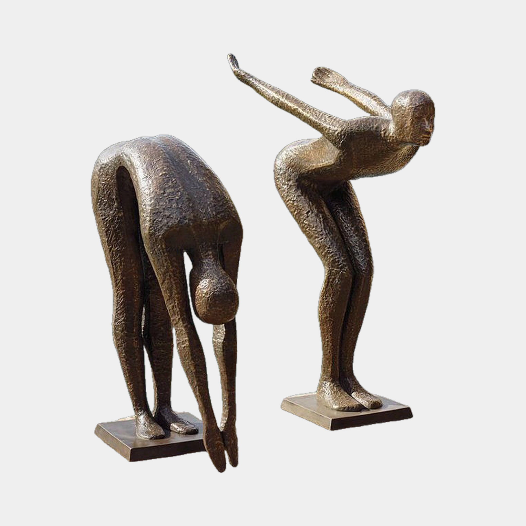 Large Modern Abstract Diver Figures Bronze Sculpture by Giant Sculptures, 160cm pair on flat bases with dark patina, one bending forward, one leaning out.