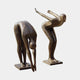 Large Modern Abstract Diver Figures Bronze Sculpture by Giant Sculptures, 160cm pair on flat bases with dark patina, one bending forward, one leaning out.