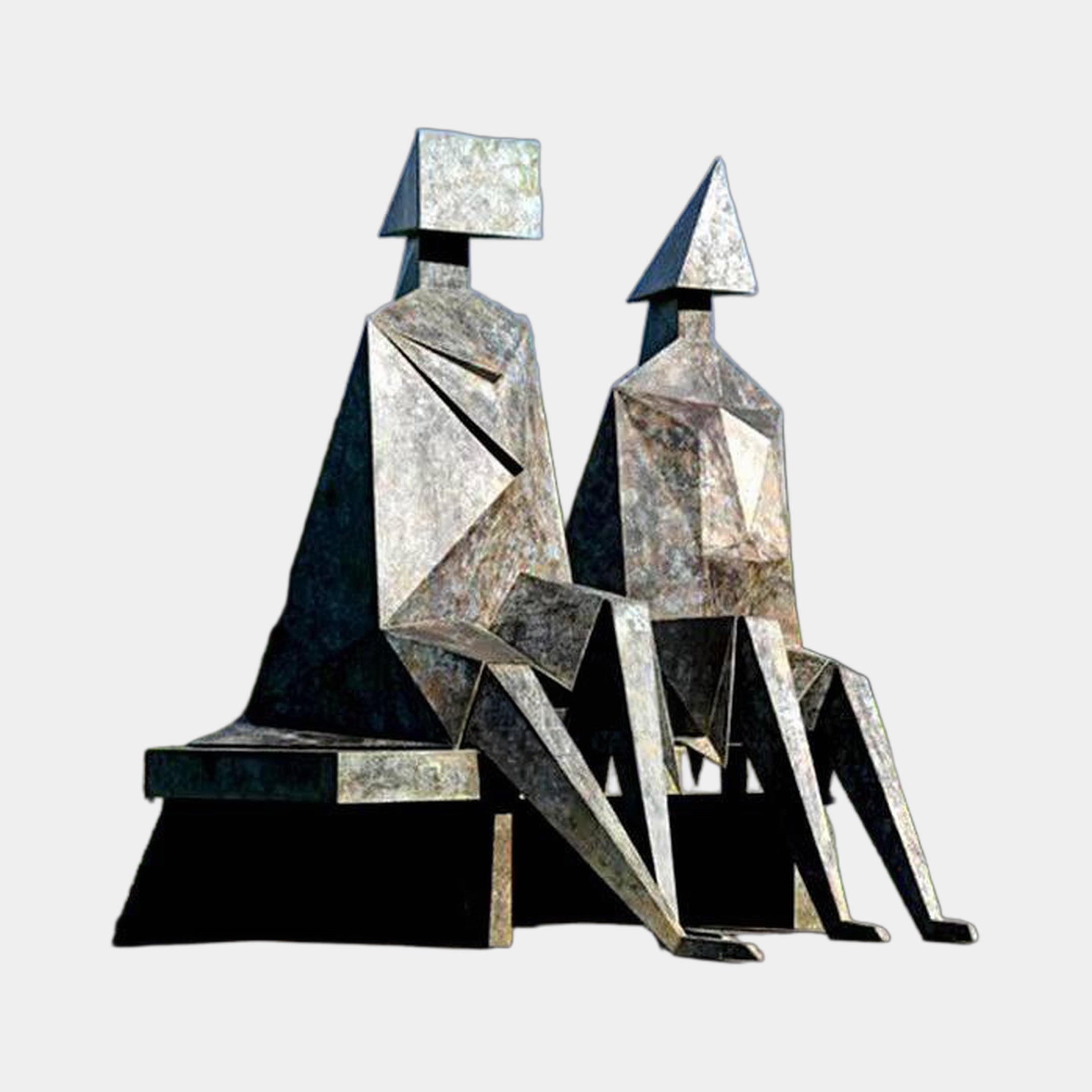 Large Modern Geometric Seated Figures Bronze Sculpture by Giant Sculptures, two faceted cubist figures with block and pyramid heads on a shared bench, 250cm.
