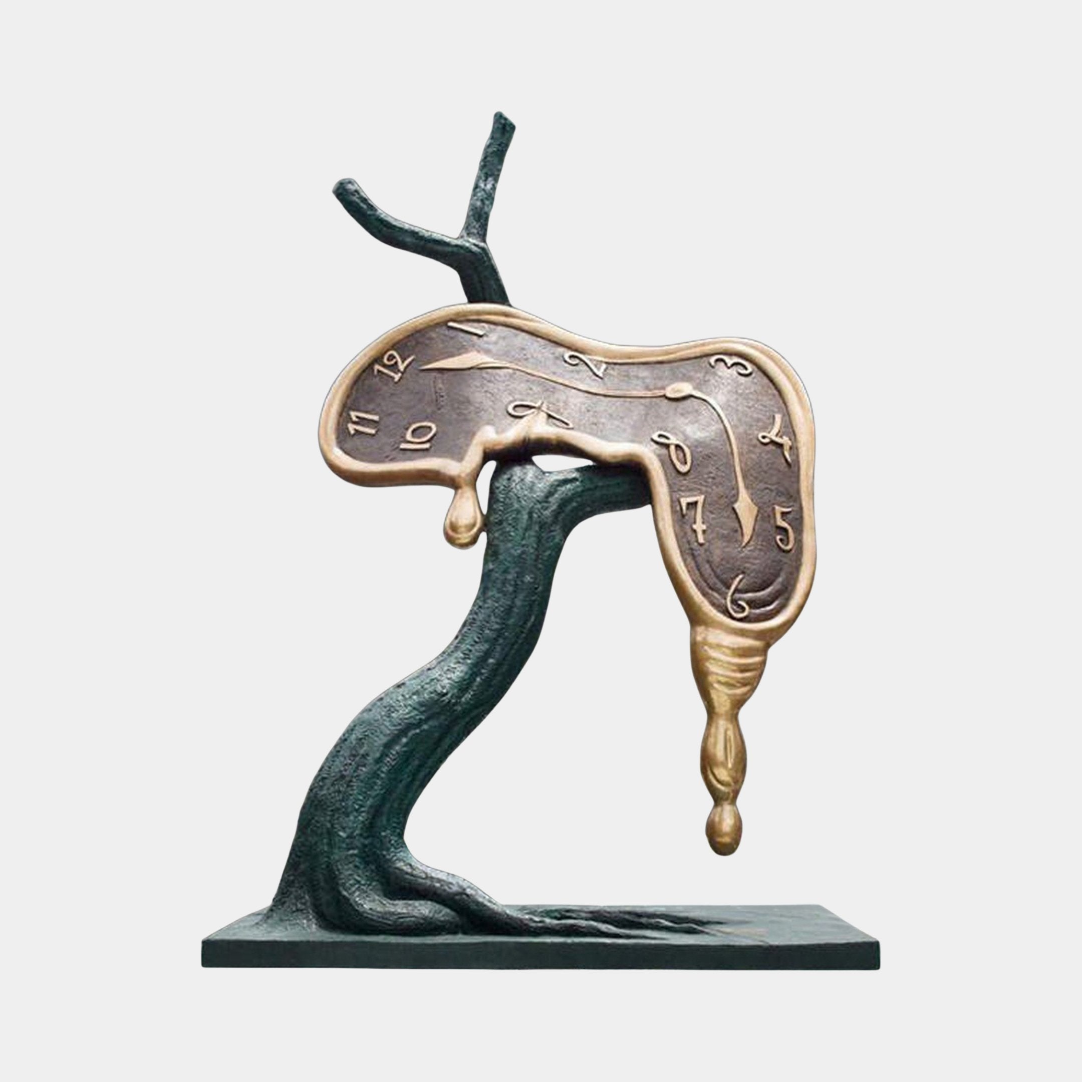 Giant Sculptures' 220cm Large Modern Melting Clock Bronze Sculpture with a golden droopy clock face draped over a green-black gnarled tree trunk base.