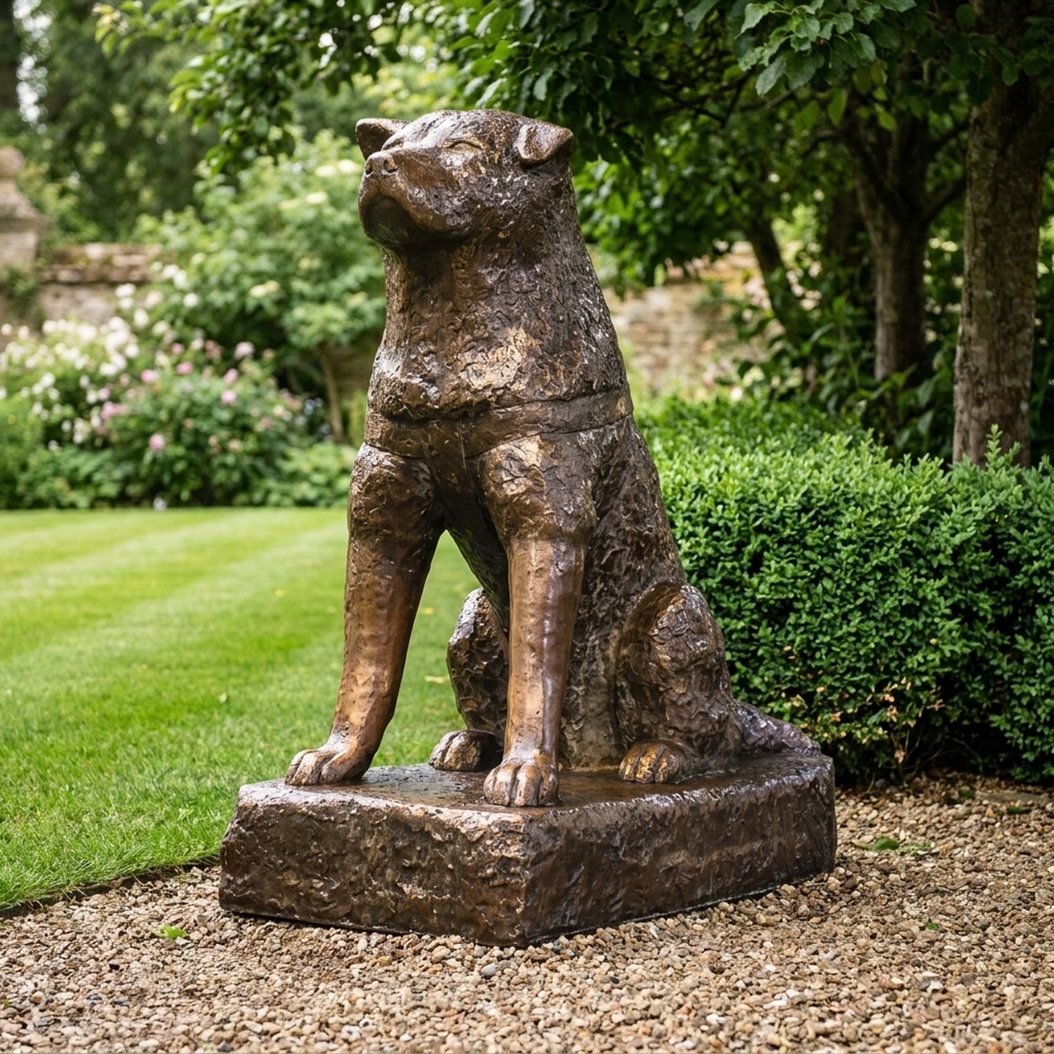 Large Traditional Akita Dog Bronze Sculpture by Giant Sculptures, seated with head raised on a textured plinth, set on gravel beside a lawn and garden hedging.