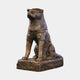 Large Traditional Akita Dog Bronze Sculpture by Giant Sculptures, seated with head raised on a textured rectangular plinth, warm brown patina, plain background.