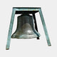 Large Traditional Bronze Bell Sculpture 90cm by Giant Sculptures, with U.S. Lighthouse 1891 inscription, verdigris patina, suspended in an A-frame stand.