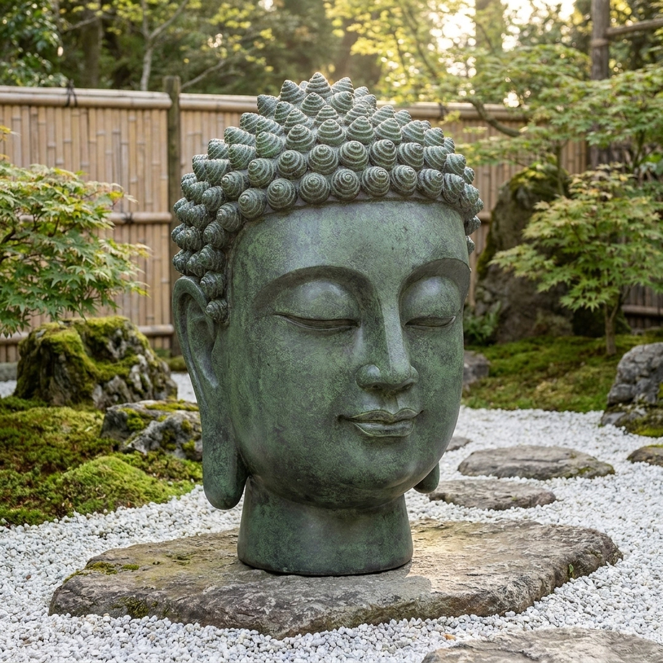 Large Traditional Buddha Head Bronze Bust by Giant Sculptures with verdigris patina, displayed on a stone slab atop white gravel in a Japanese garden.