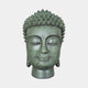 Large Traditional Buddha Head Bronze Bust by Giant Sculptures, 150cm front-facing meditative form with verdigris patina and spiral ushnisha curls, on plain background.
