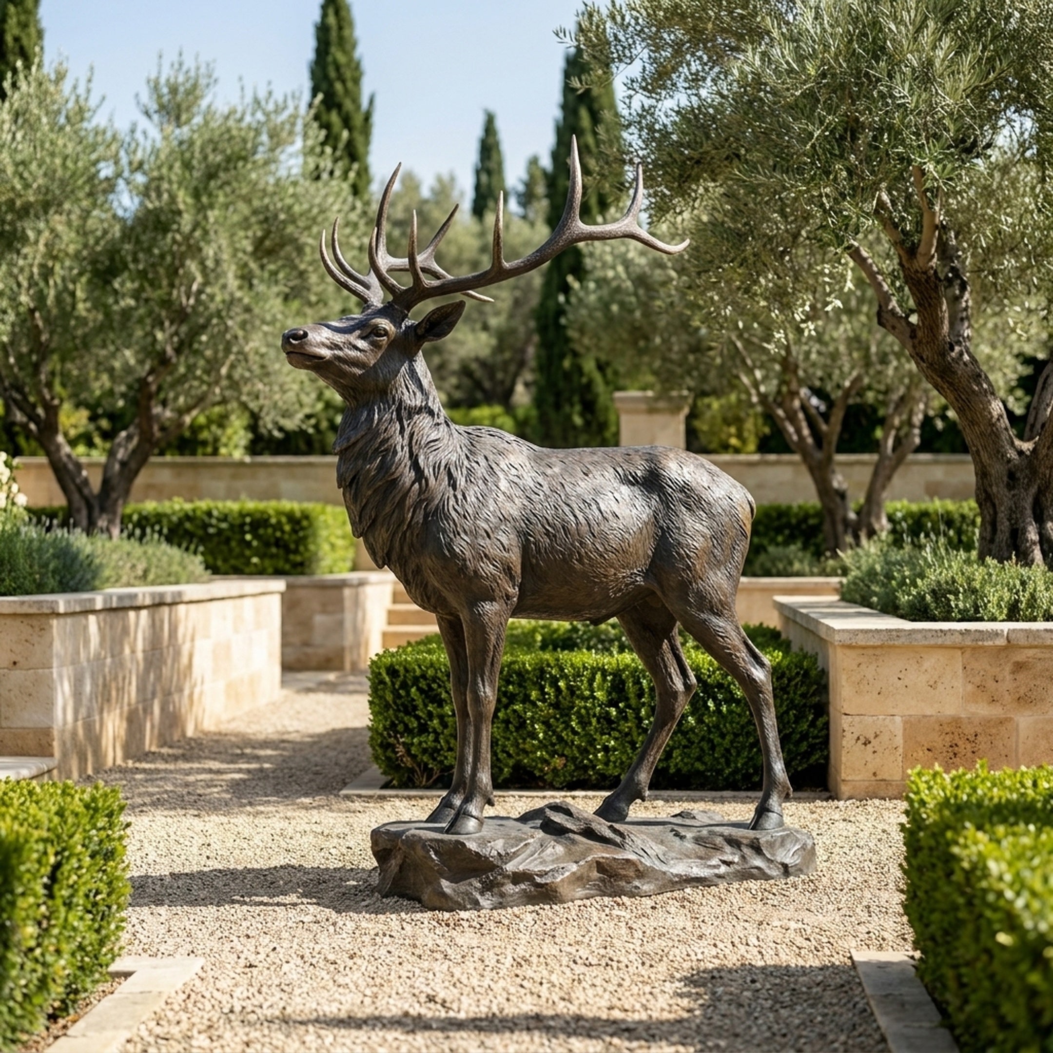 Large Traditional Bugling Bull Elk Bronze Sculpture by Giant Sculptures on a stone base in a formal garden with boxwood hedges, olive trees and cypresses.