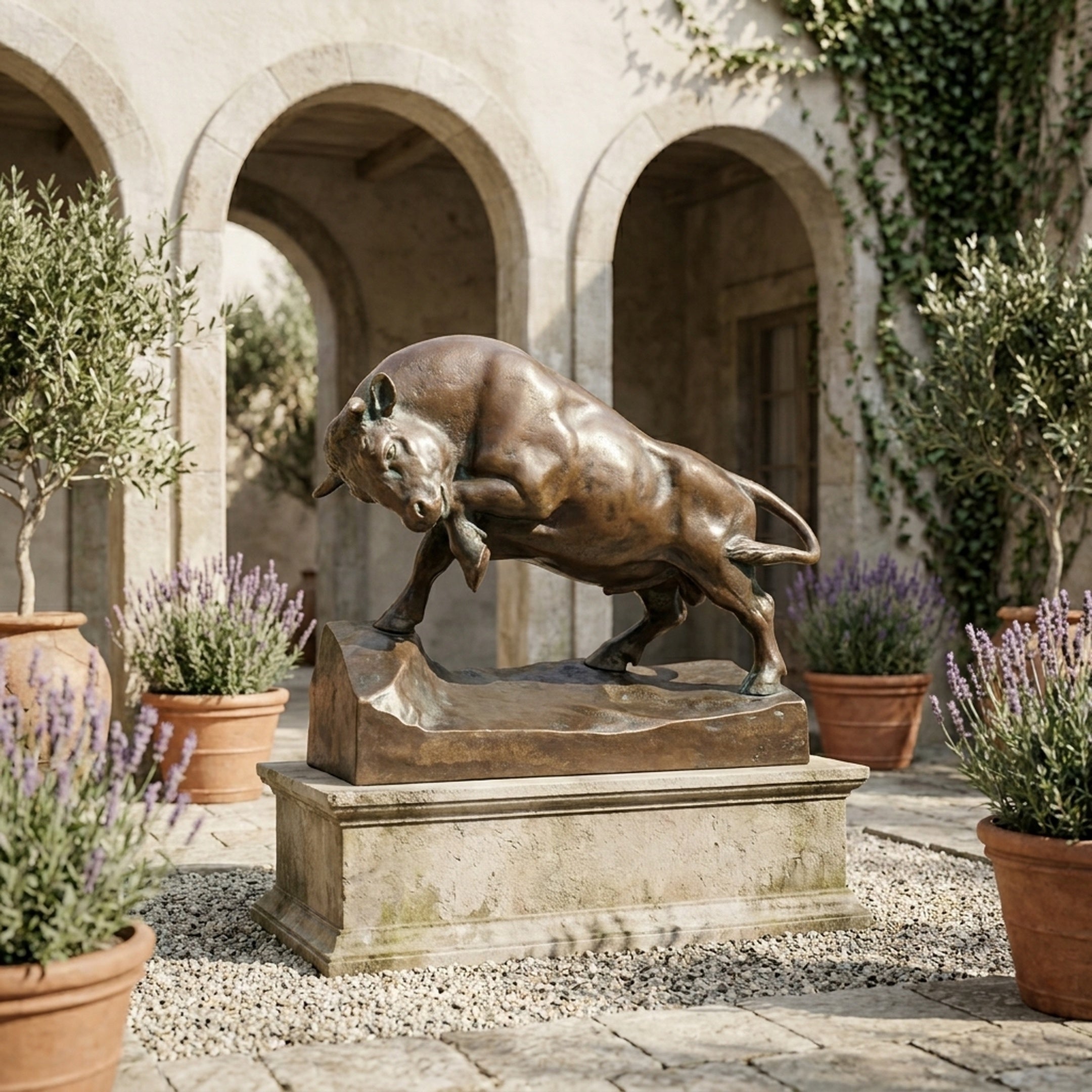 Large Traditional Charging Bull Bronze Sculpture by Giant Sculptures on a stone plinth in a Mediterranean courtyard with lavender, olive trees, and arches.
