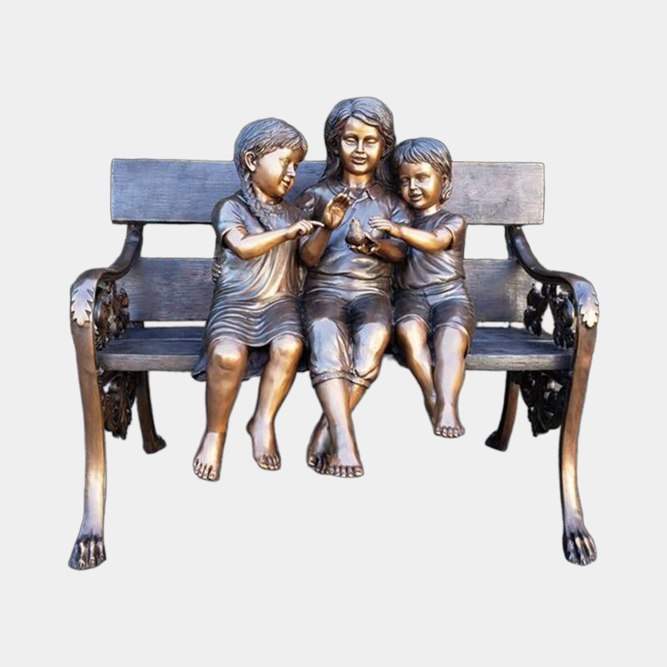 Giant Sculptures Large Traditional Children on Bench Bronze Sculpture showing three barefoot children seated on an ornate bench, central figure holding a bird.