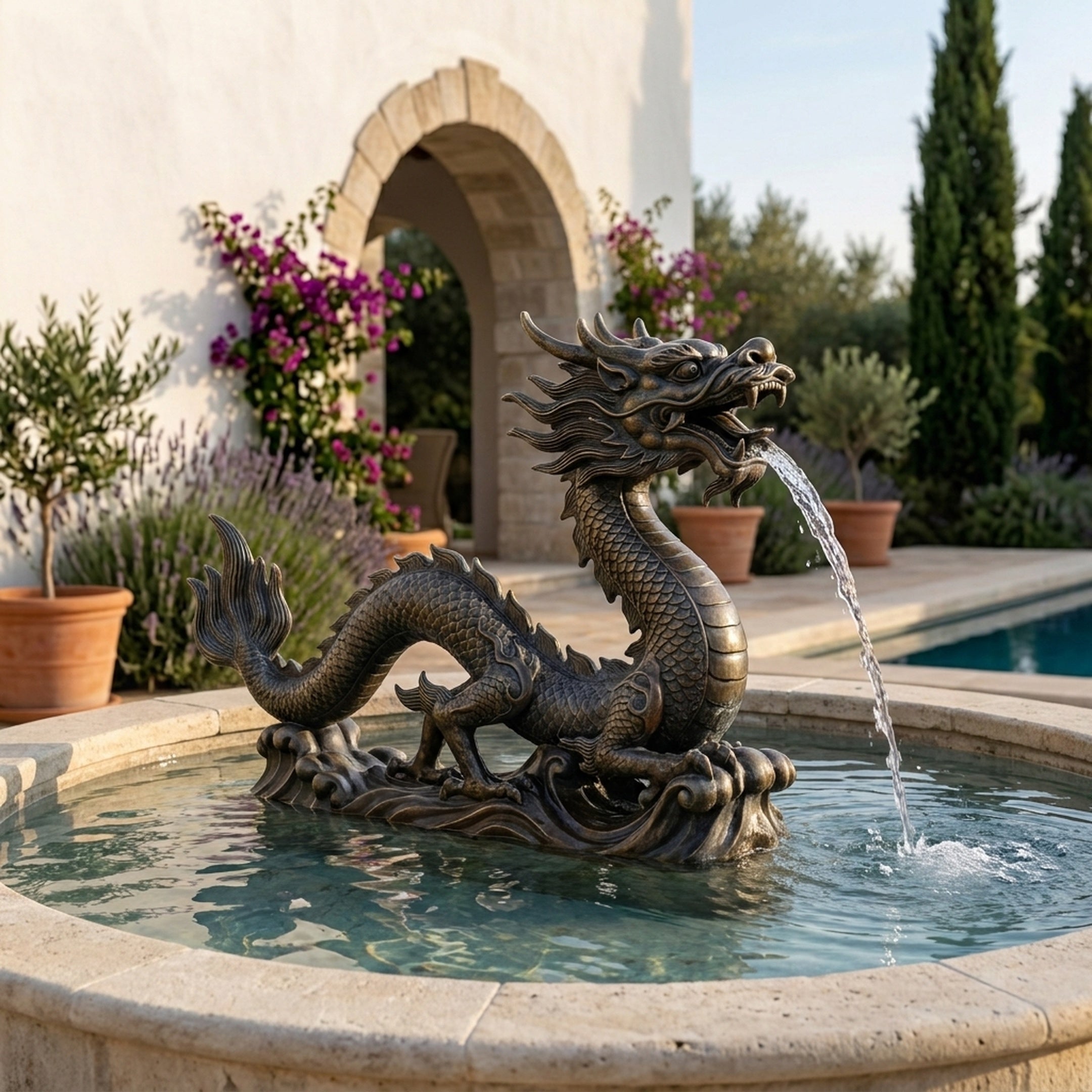 Large Traditional Chinese Dragon Bronze Fountain by Giant Sculptures, 150cm, spouting water from a wave-form base into a round stone pool by a poolside garden.