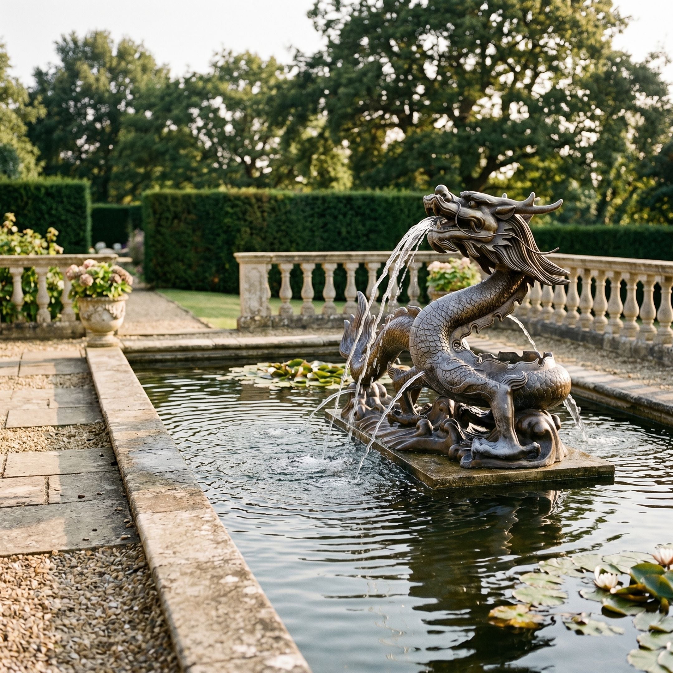 Giant Sculptures Large Traditional Chinese Dragon Bronze Fountain 150cm spouting water in a formal garden pond with stone balustrade and lily pads.