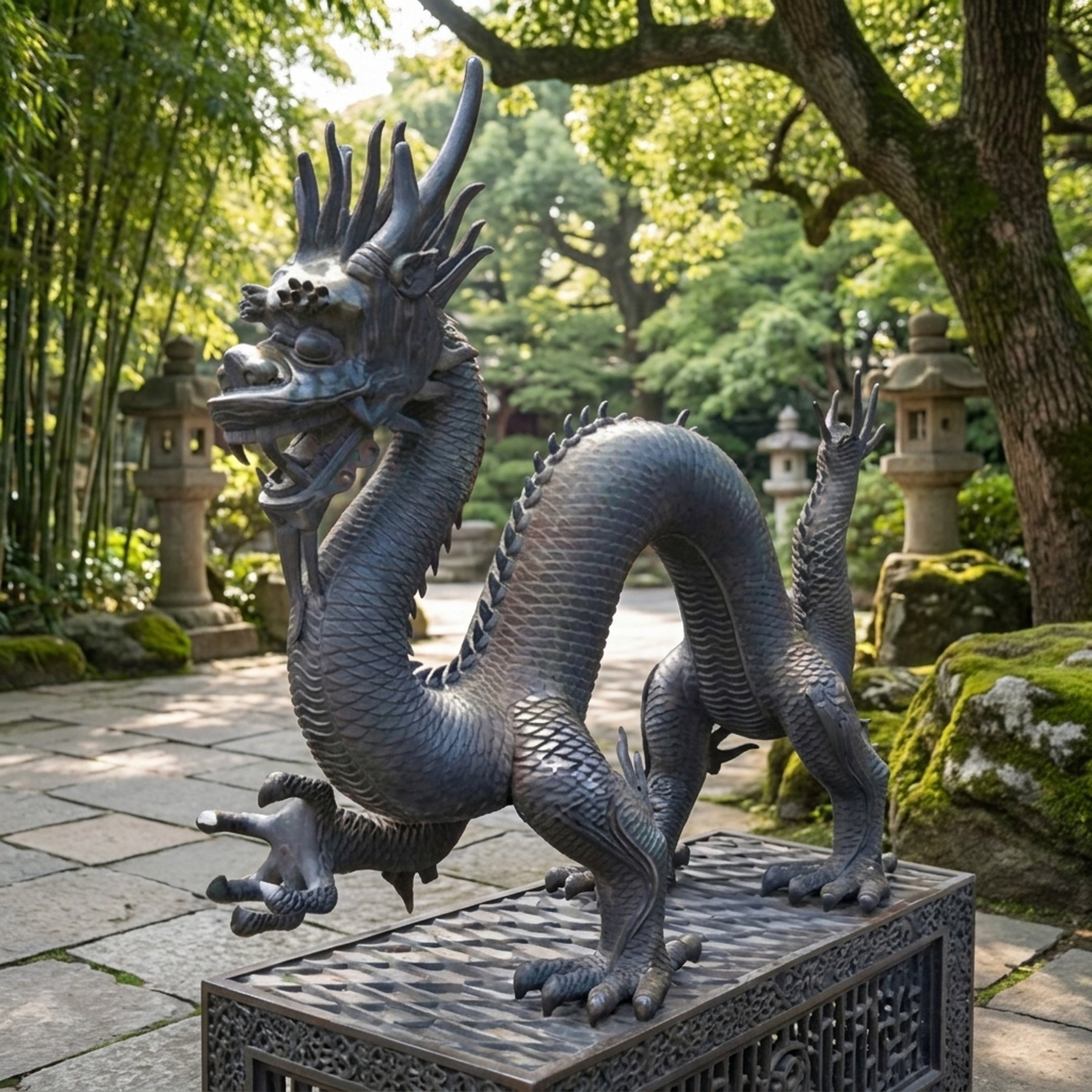 Giant Sculptures Large Traditional Chinese Dragon Bronze Sculpture 220cm with dark patina, S-curved body on a stone plinth in a Japanese garden setting.