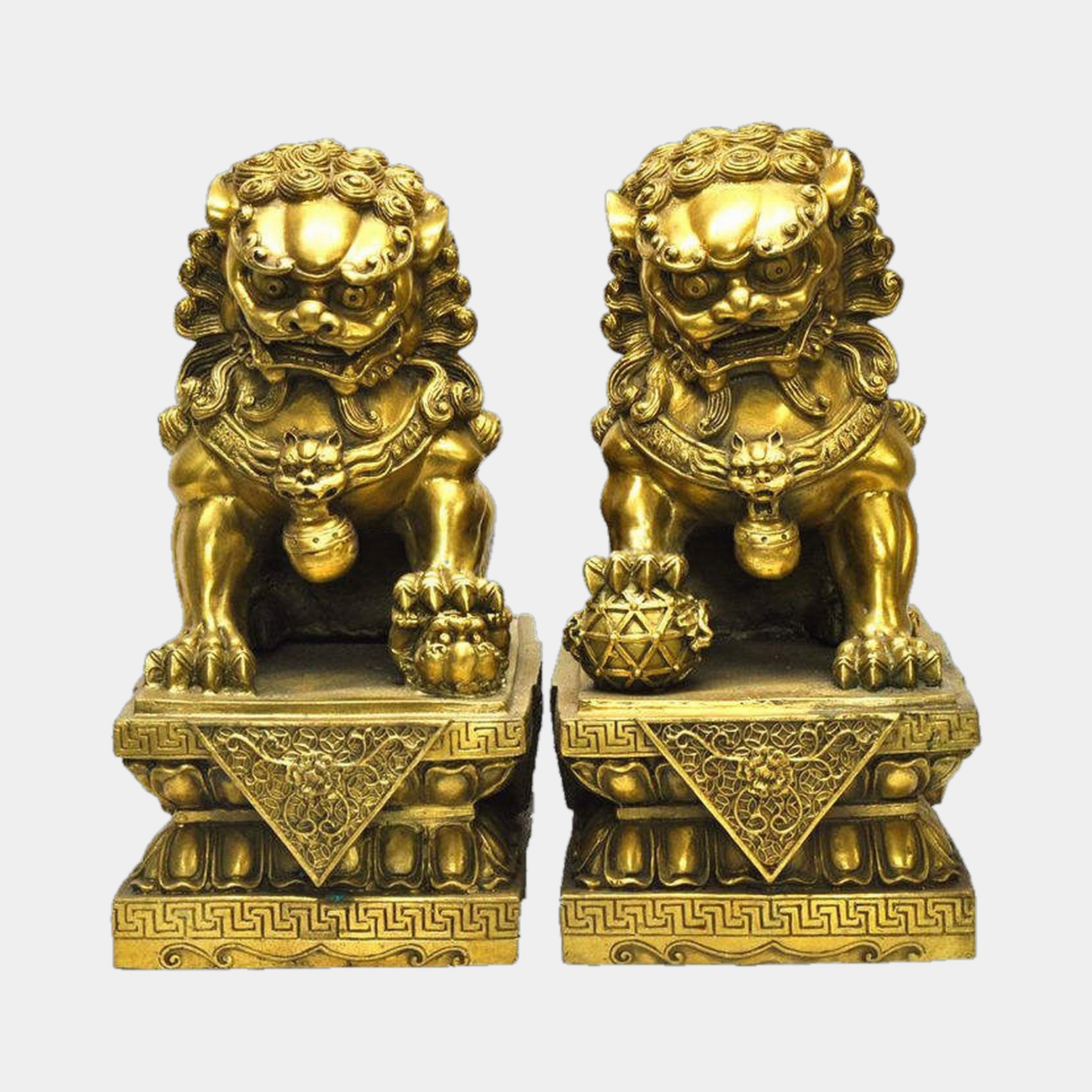 Large Traditional Chinese Guardian Lion Bronze Sculpture by Giant Sculptures, matched pair in polished gold tone on tiered plinths, shown on a plain background.