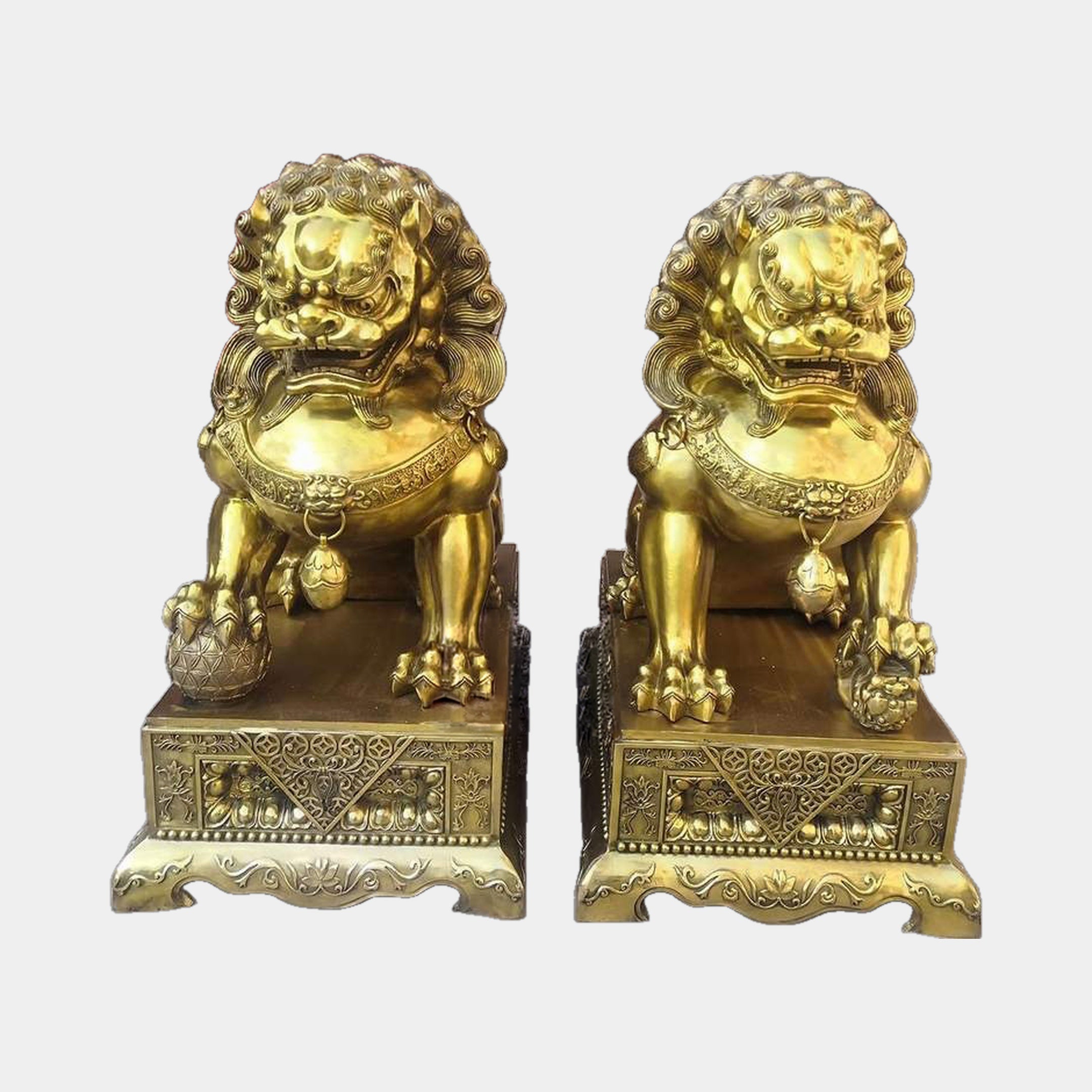 Large Traditional Chinese Guardian Lion Bronze Sculpture by Giant Sculptures, a 140cm golden pair seated on engraved plinths with orb and cub, on grey.