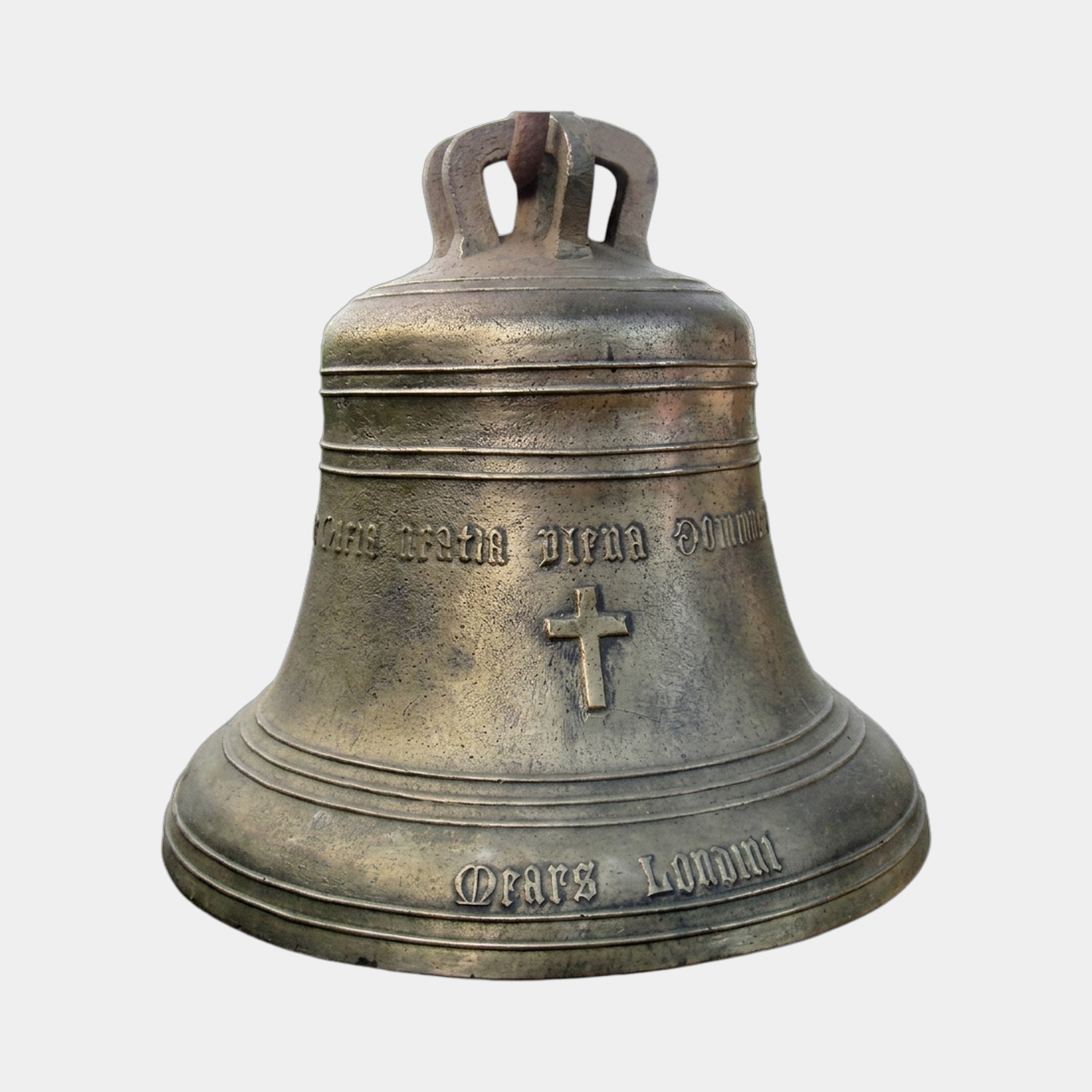 Large Traditional Church Bell Bronze Sculpture by Giant Sculptures, 120cm tall with Latin inscription, raised cross relief, and aged patina on a plain background.