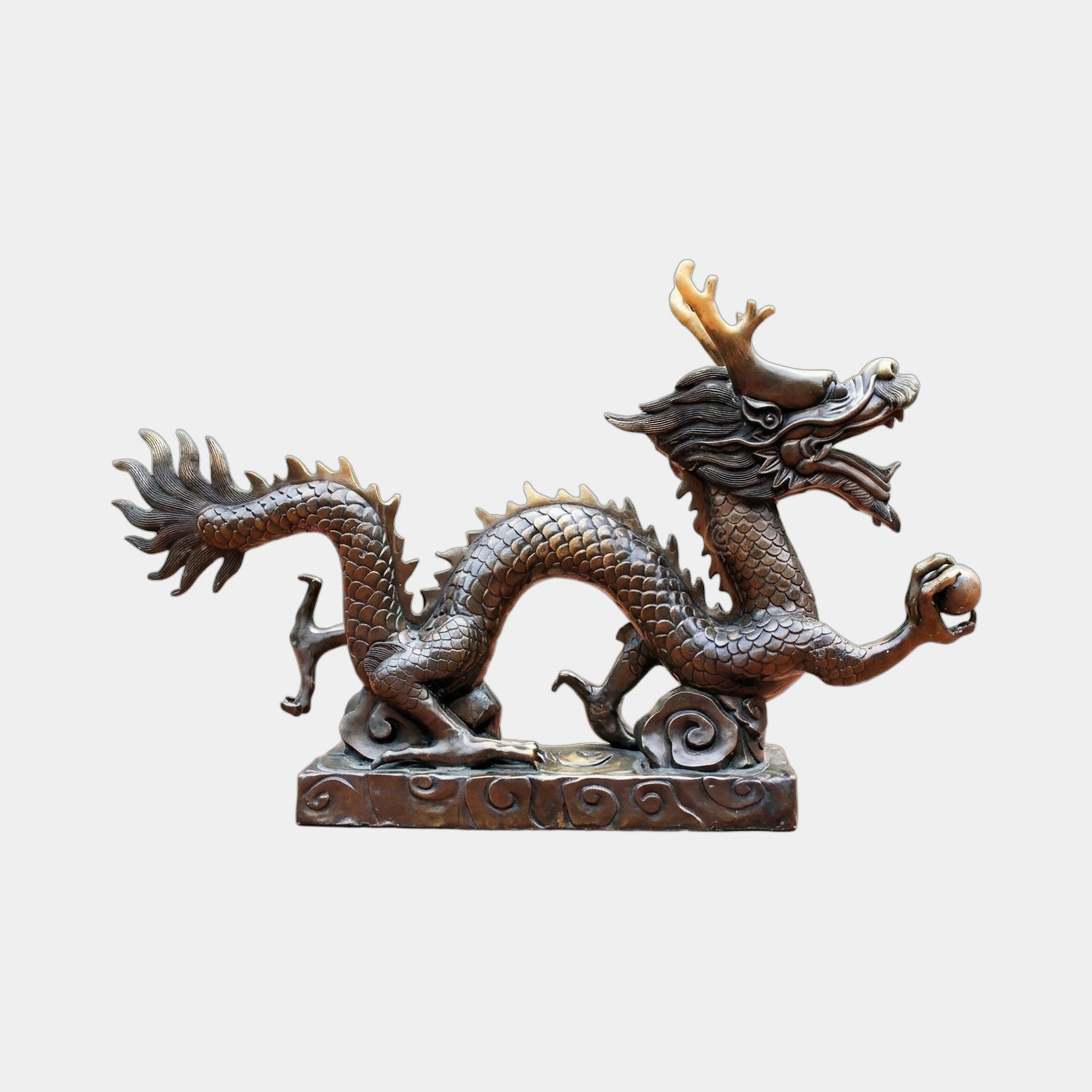 Large Traditional Coiling Chinese Dragon Bronze Sculpture by Giant Sculptures, side view with gold-toned horns, clutching a sphere on a cloud-scroll base.