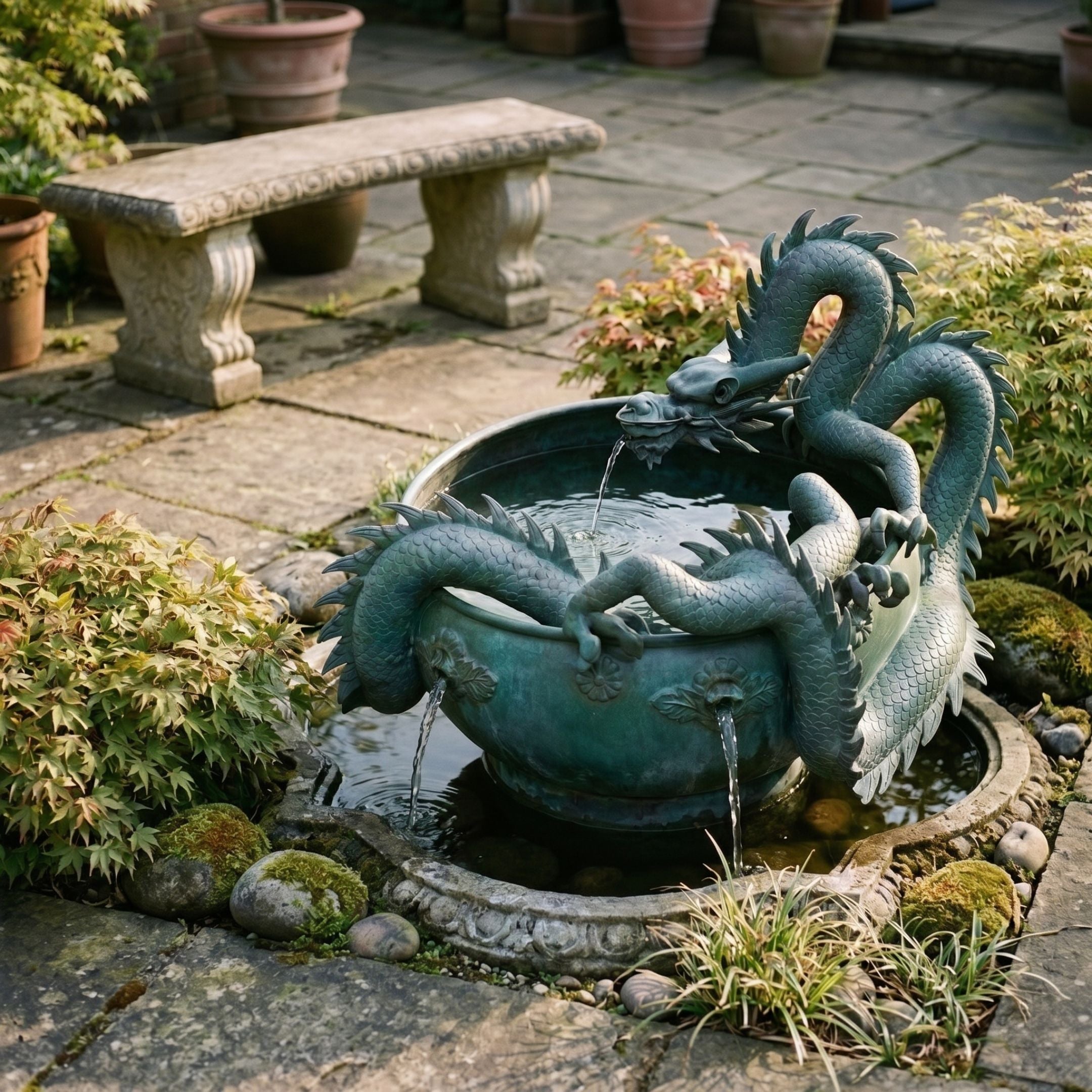Giant Sculptures Large Traditional Coiling East Asian Dragon Bronze Fountain 120cm with verdigris patina coiled around a stone basin on a garden patio.