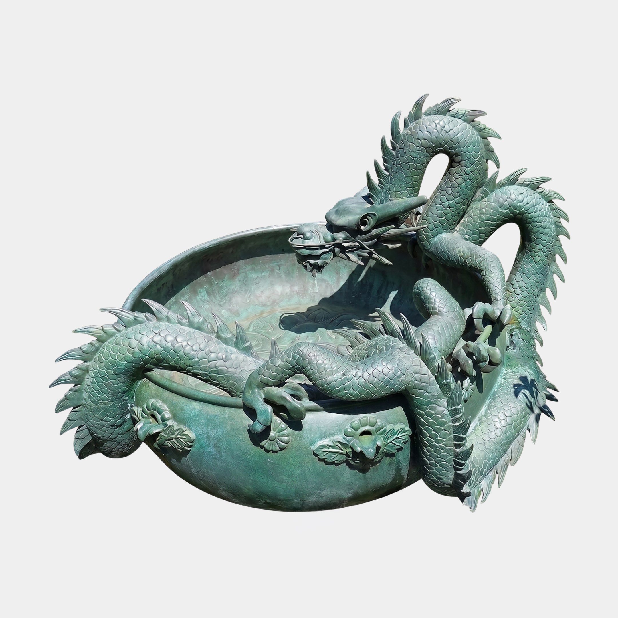 Large Traditional Coiling East Asian Dragon Bronze Fountain from Giant Sculptures, verdigris-patinated dragon draped over a wide basin, shown on a plain background.