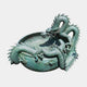 Large Traditional Coiling East Asian Dragon Bronze Fountain from Giant Sculptures, verdigris-patinated dragon draped over a wide basin, shown on a plain background.