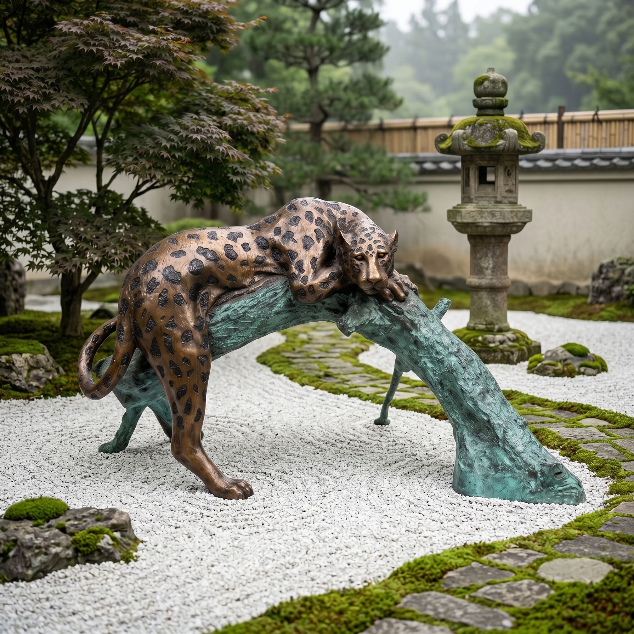 Giant Sculptures Large Traditional Crouching Leopard Bronze Sculpture draped over a verdigris log in a Japanese garden with raked gravel and stone lantern.