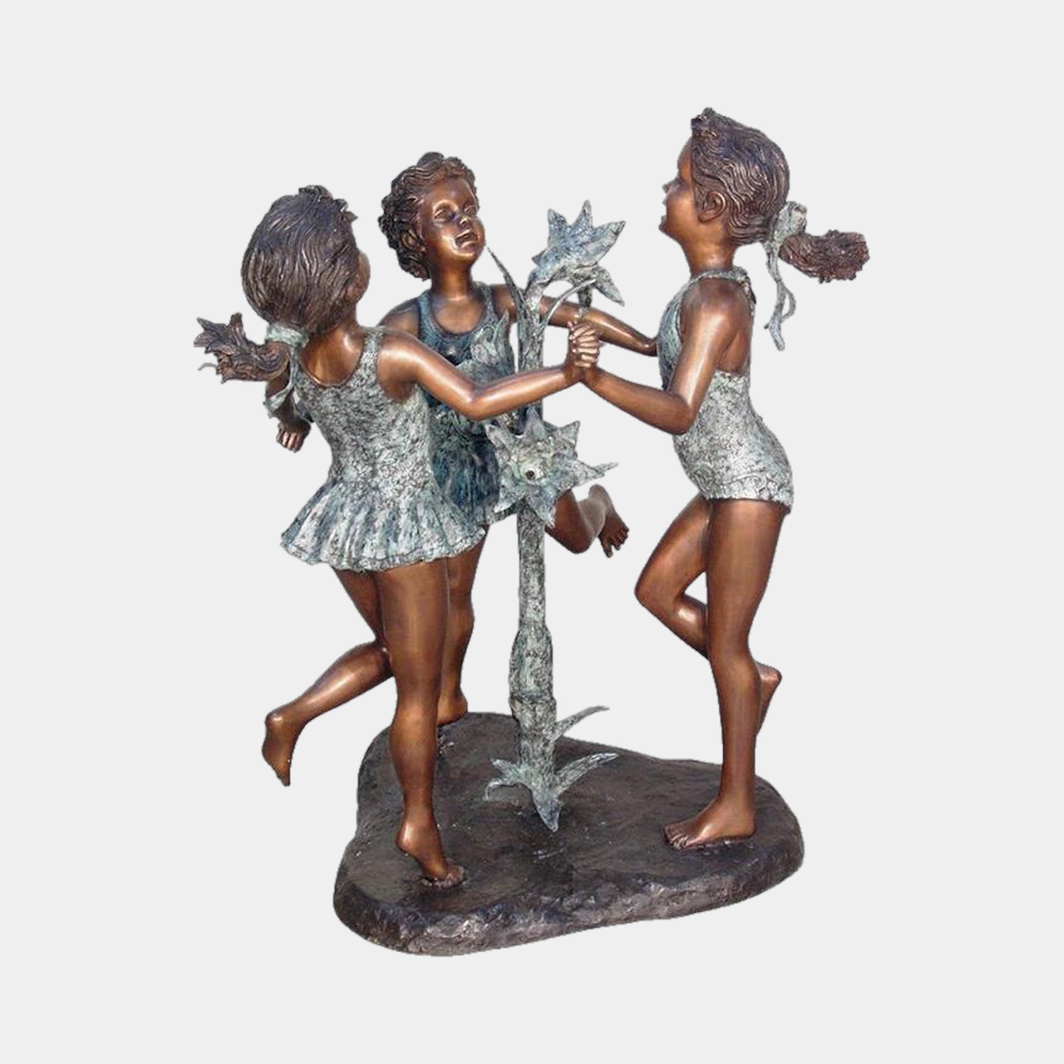 Giant Sculptures Large Traditional Dancing Girls Bronze Sculpture 150cm, three barefoot girls in summer dresses dancing around a verdigris floral stem on an oval base.