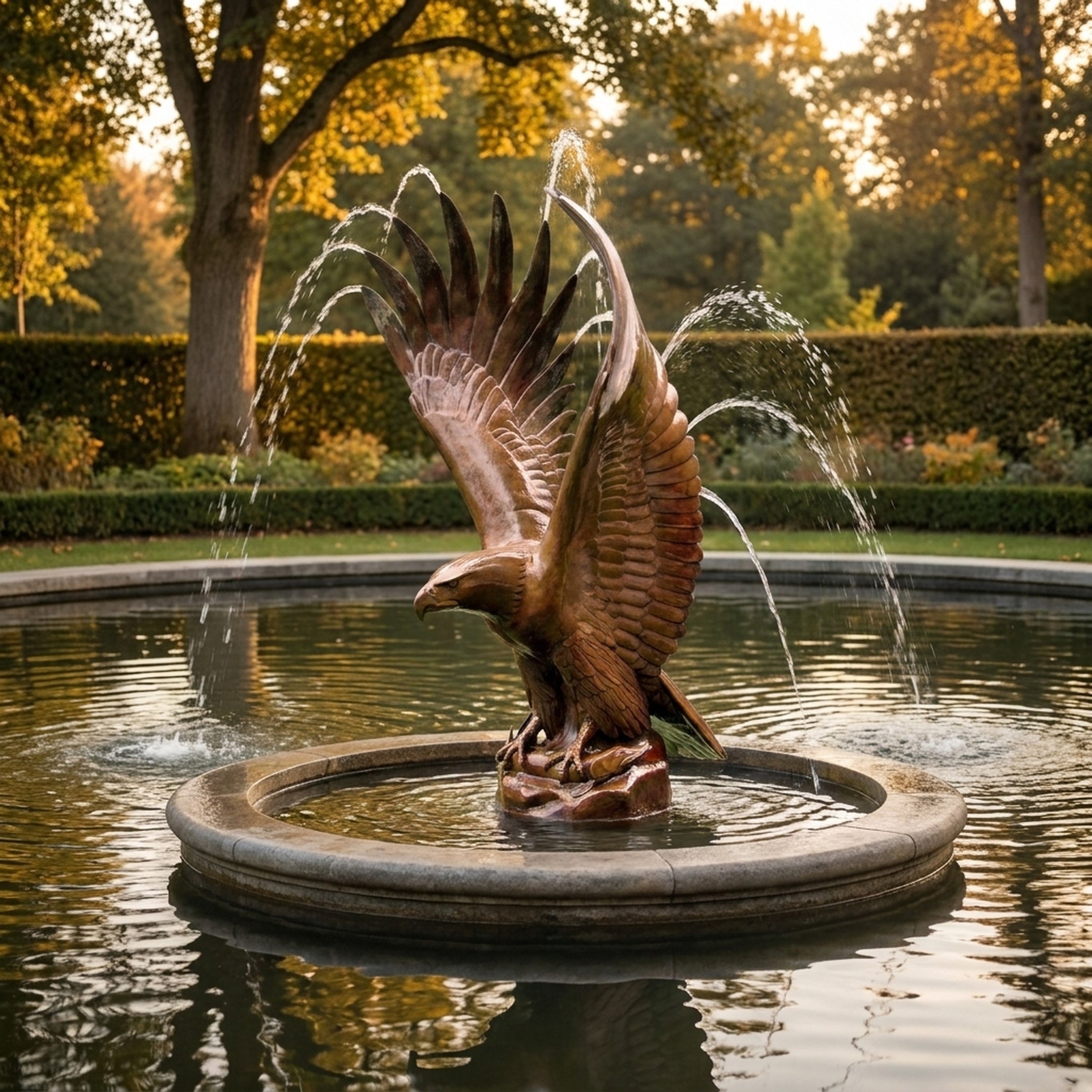 Giant Sculptures Large Traditional Diving Eagle Bronze Fountain 220cm with wings raised, water arcing from wingtips into a circular stone basin in a garden.