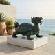 Large Traditional Dragon-Headed Turtle Bronze Sculpture by Giant Sculptures with green verdigris patina on a marble plinth at a seaside terrace.