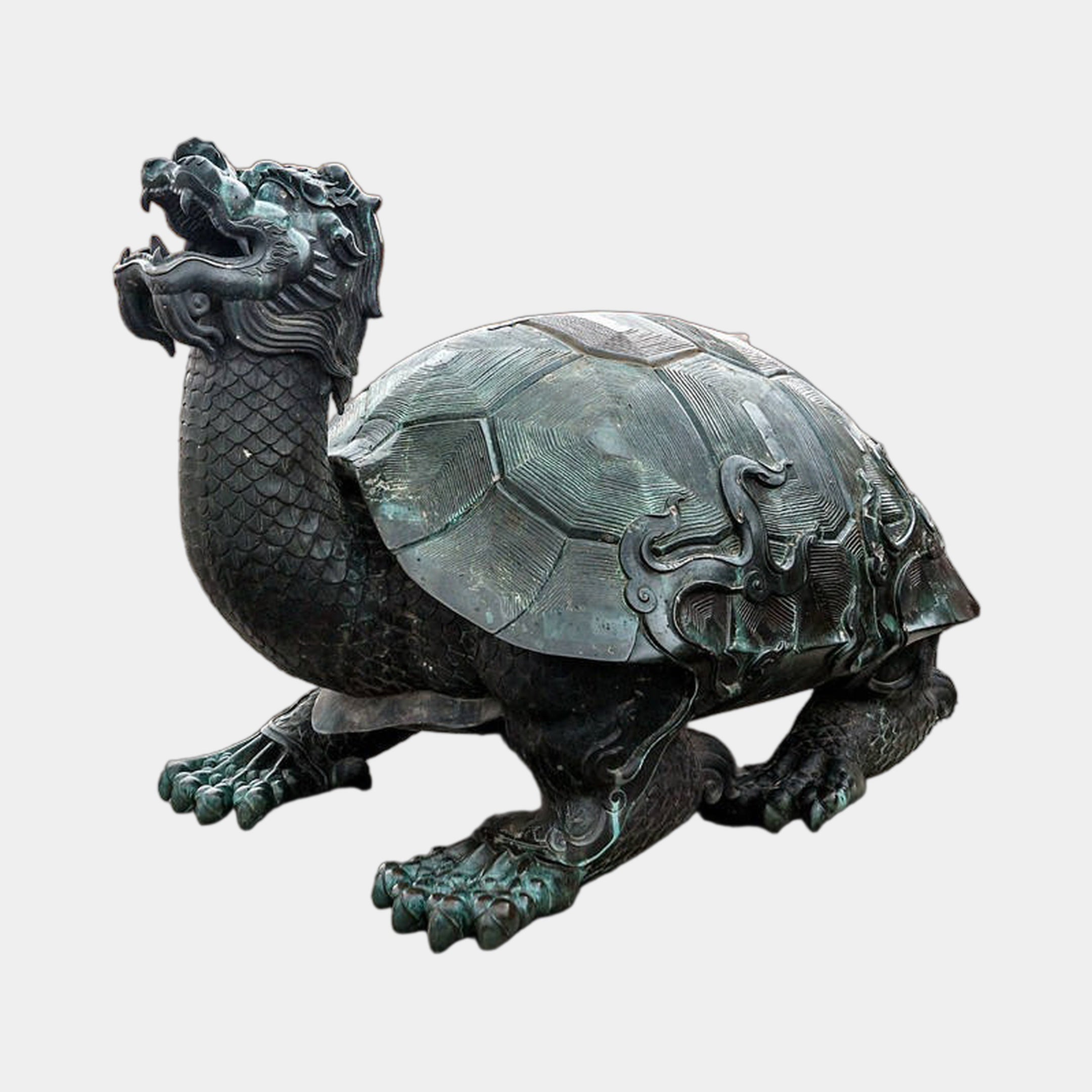 Large Traditional Dragon-Headed Turtle Bronze Sculpture by Giant Sculptures, 150cm, side view showing verdigris patina shell and scaled dragon head on plain background.