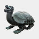 Large Traditional Dragon-Headed Turtle Bronze Sculpture by Giant Sculptures, 150cm, side view showing verdigris patina shell and scaled dragon head on plain background.