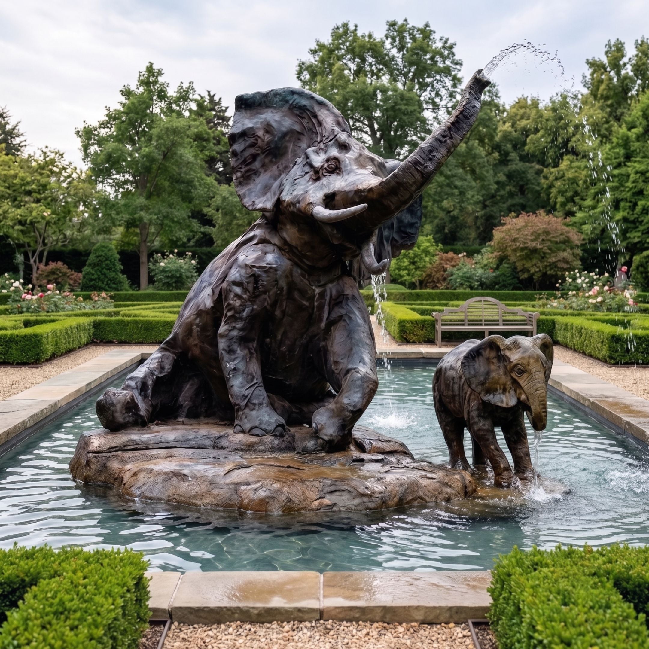 Large Traditional Elephant and Calf Bronze Fountain by Giant Sculptures, seated bull spraying water from raised trunk beside calf in a formal garden pool.