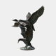 Large Traditional Flying Mallard Ducks Bronze Sculpture by Giant Sculptures, three mallards stacked in vertical ascending take-off with spread wings, dark patina.