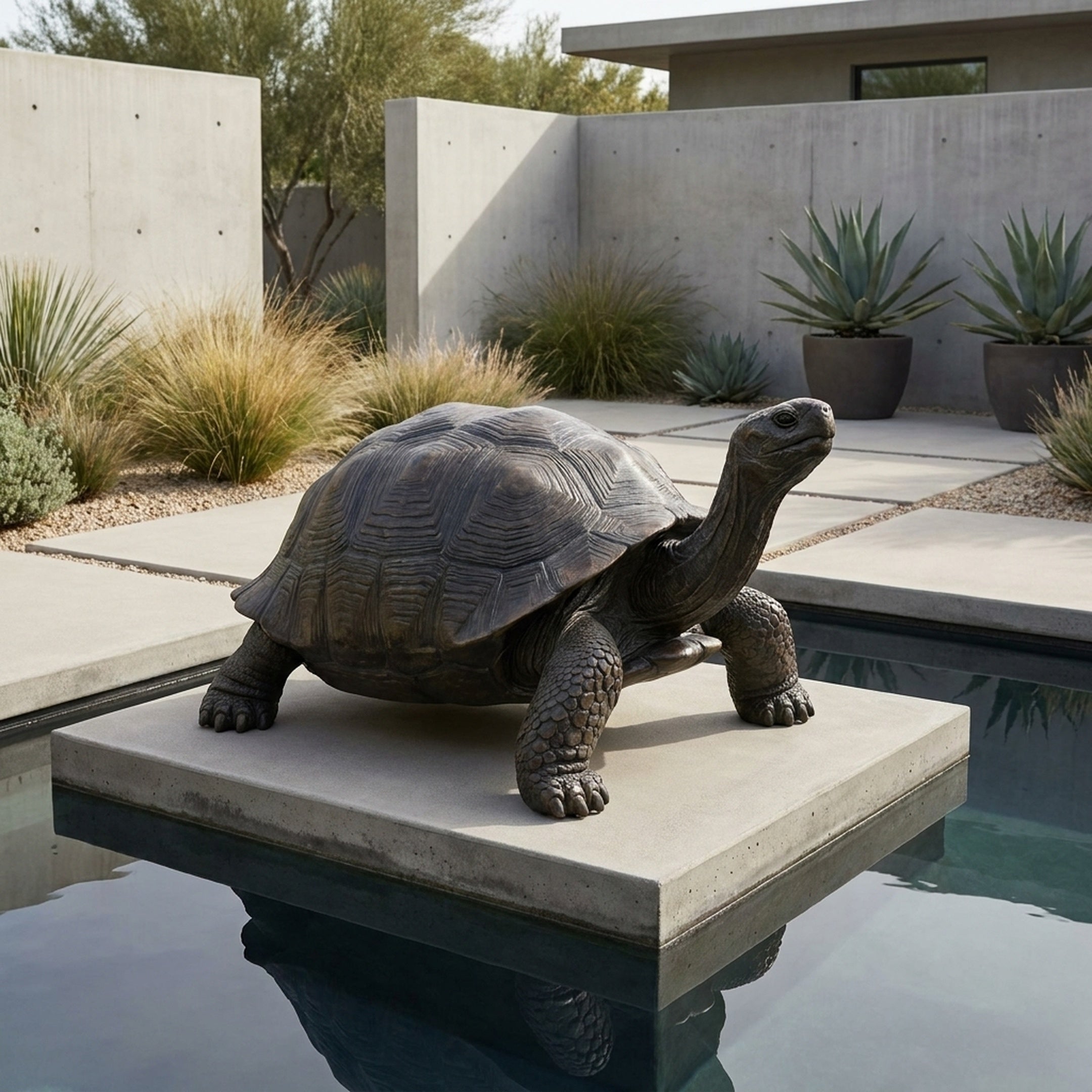 Large Traditional Giant Tortoise Bronze Sculpture by Giant Sculptures with neck raised, displayed on a concrete platform above a pool in a modern desert garden.