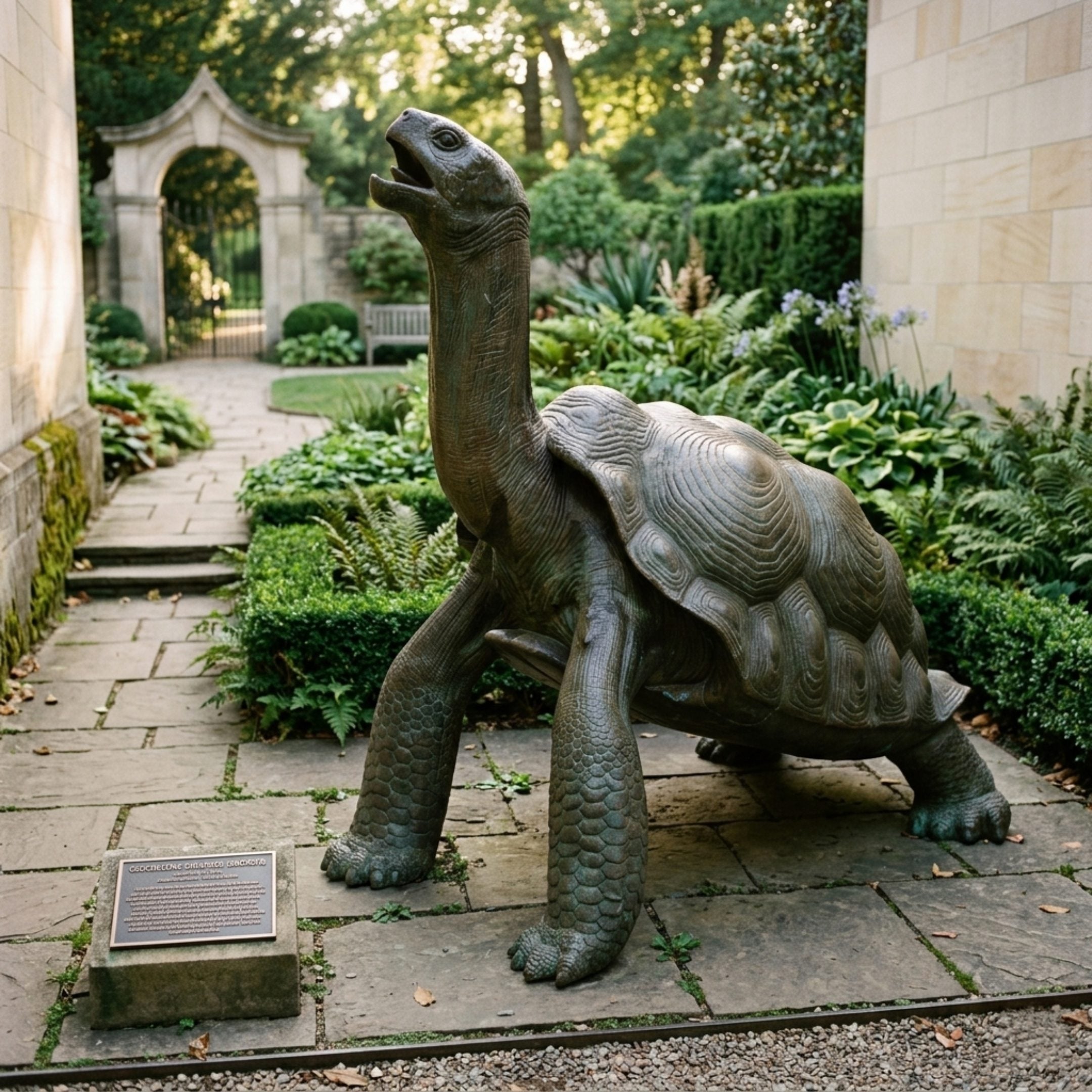 Large Traditional Giant Tortoise Bronze Sculpture by Giant Sculptures, 200cm, neck raised and mouth open, mid-stride on a stone garden path beside a plaque.
